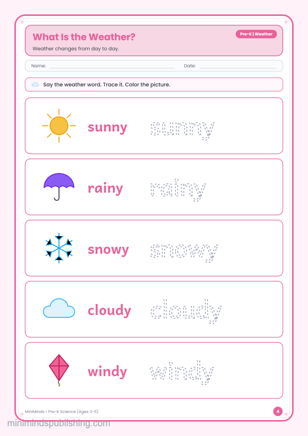 What Is the Weather? — free printable Pre-K science worksheet for ages 3-5