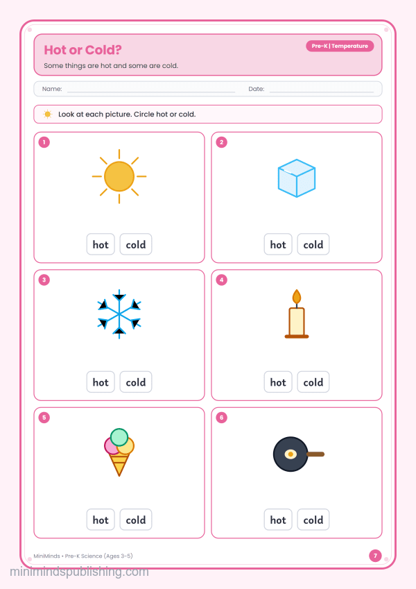 Hot or Cold? — free printable Pre-K science worksheet for ages 3-5
