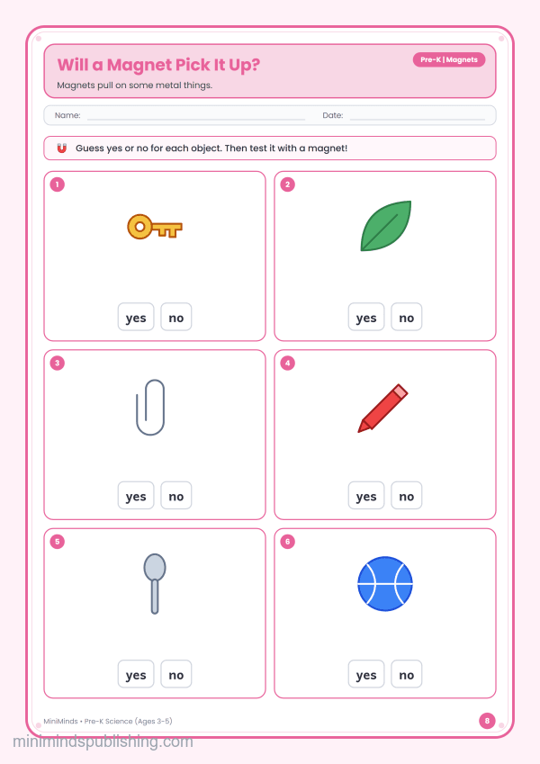 Will a Magnet Pick It Up? — free printable Pre-K science worksheet for ages 3-5