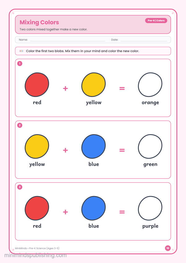 Mixing Colors — free printable Pre-K science worksheet for ages 3-5