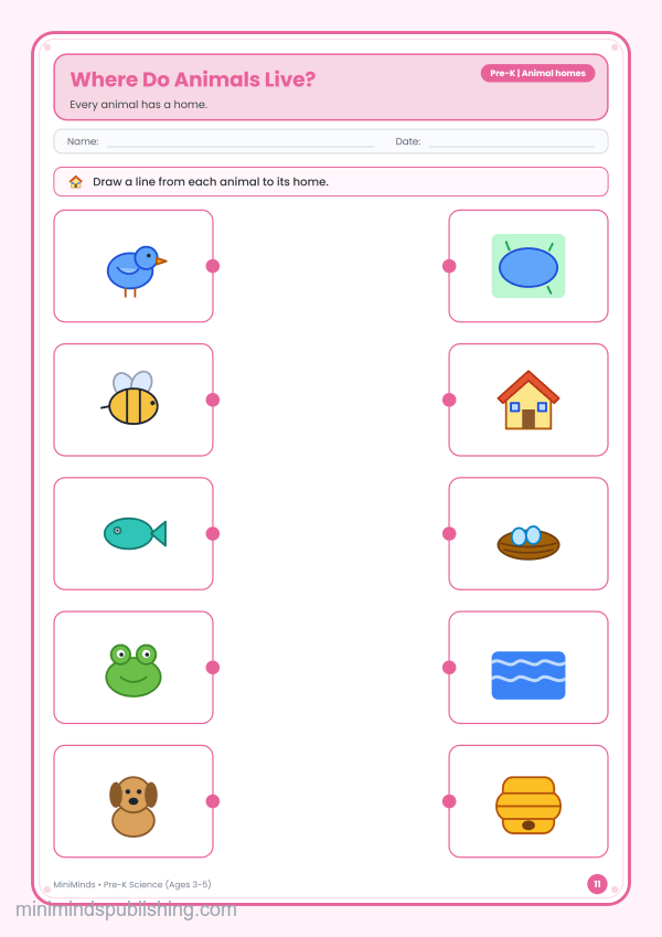 Where Do Animals Live? — free printable Pre-K science worksheet for ages 3-5