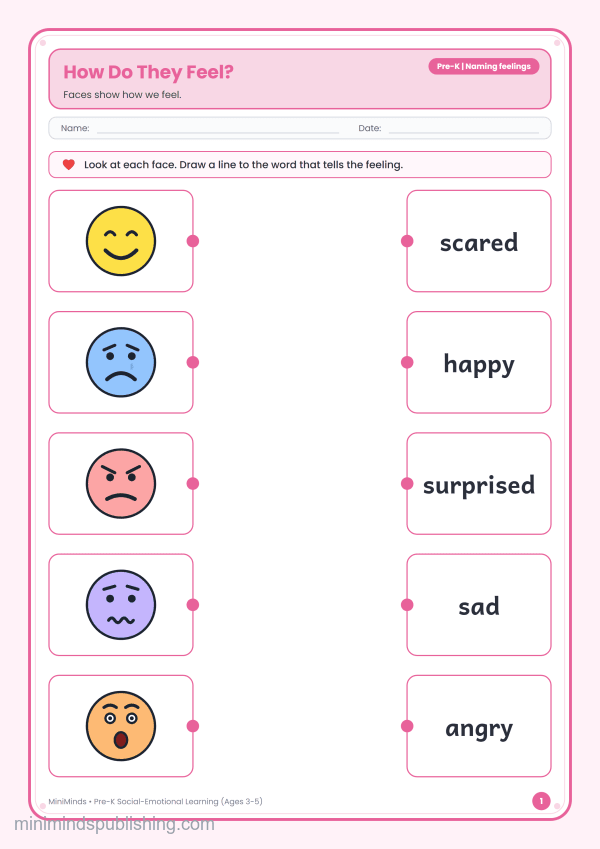 How Do They Feel? — free printable Pre-K social-emotional learning worksheet for ages 3-5