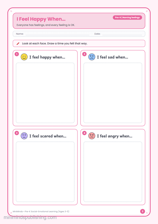 I Feel Happy When… — free printable Pre-K social-emotional learning worksheet for ages 3-5