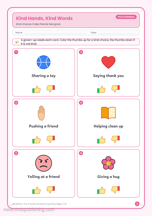 Kind Hands, Kind Words — free printable Pre-K social-emotional learning worksheet for ages 3-5