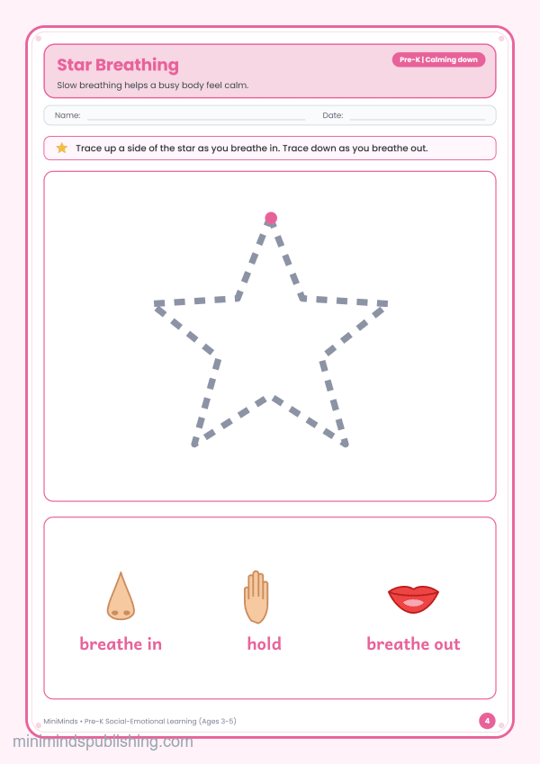 Star Breathing — free printable Pre-K social-emotional learning worksheet for ages 3-5