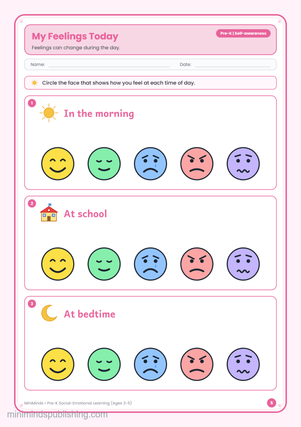My Feelings Today — free printable Pre-K social-emotional learning worksheet for ages 3-5