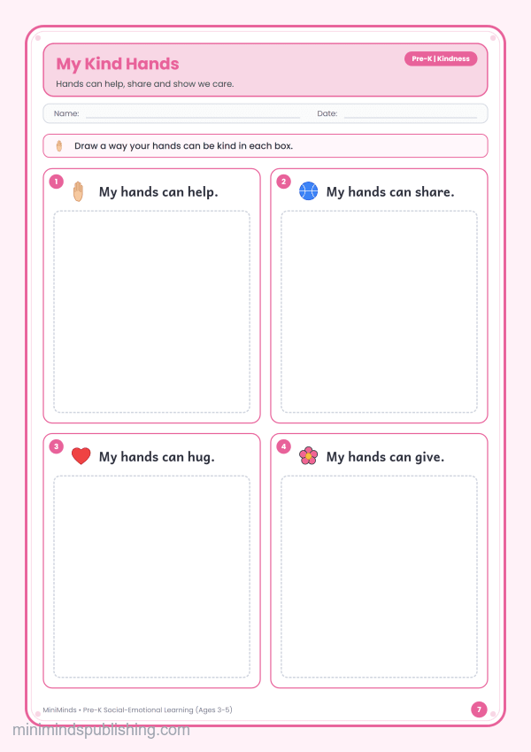 My Kind Hands — free printable Pre-K social-emotional learning worksheet for ages 3-5