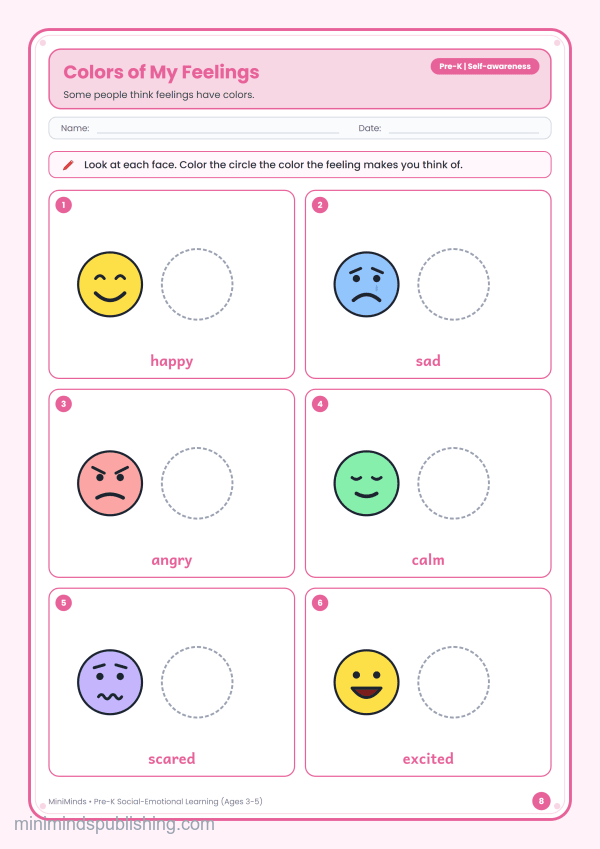 Colors of My Feelings — free printable Pre-K social-emotional learning worksheet for ages 3-5