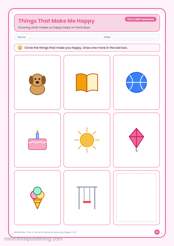 Things That Make Me Happy — free printable Pre-K social-emotional learning worksheet for ages 3-5
