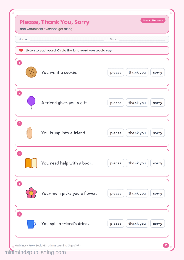 Please, Thank You, Sorry — free printable Pre-K social-emotional learning worksheet for ages 3-5