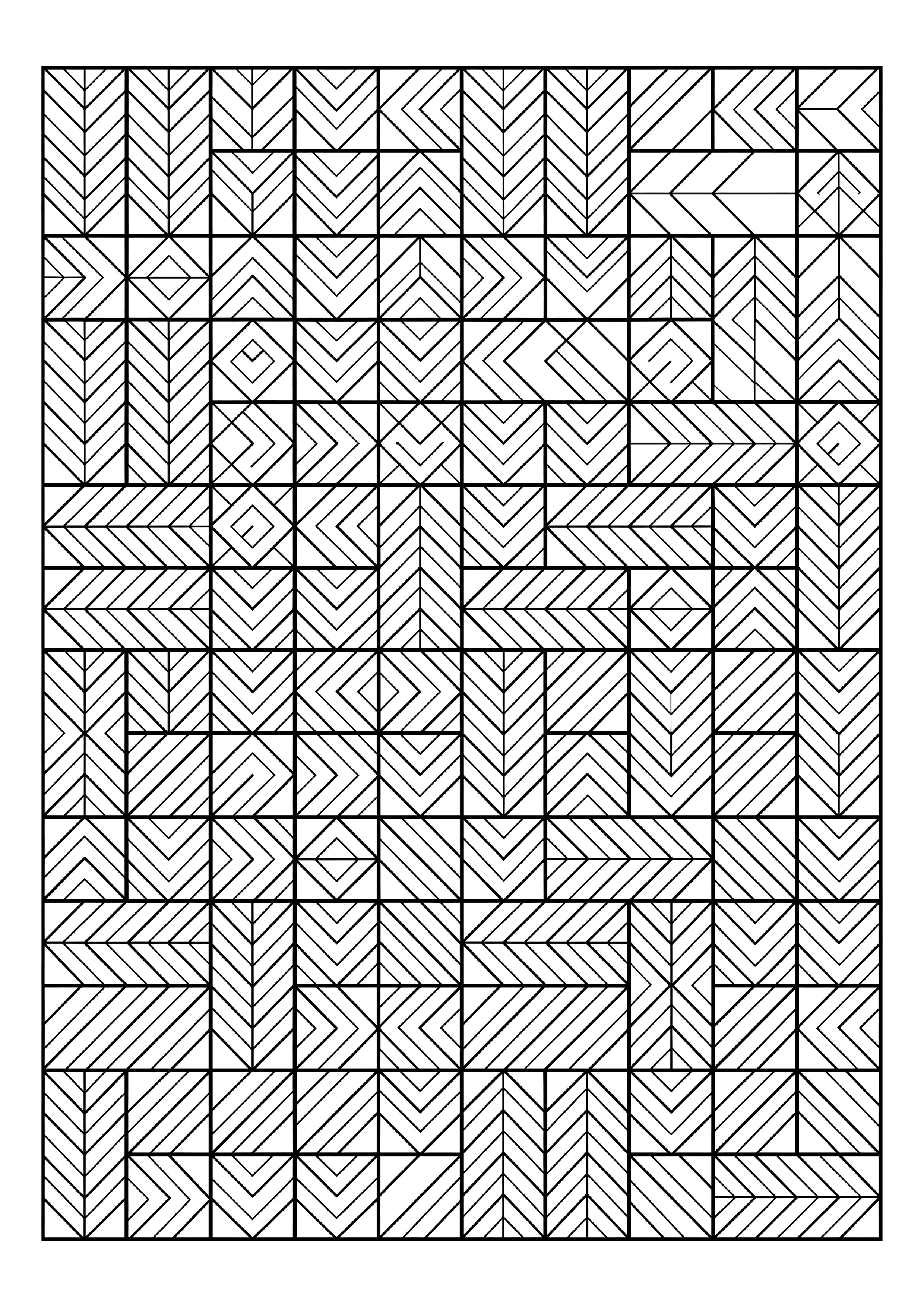 Grid of Herringbone and Chevron Blocks — free printable intricate patterns coloring page