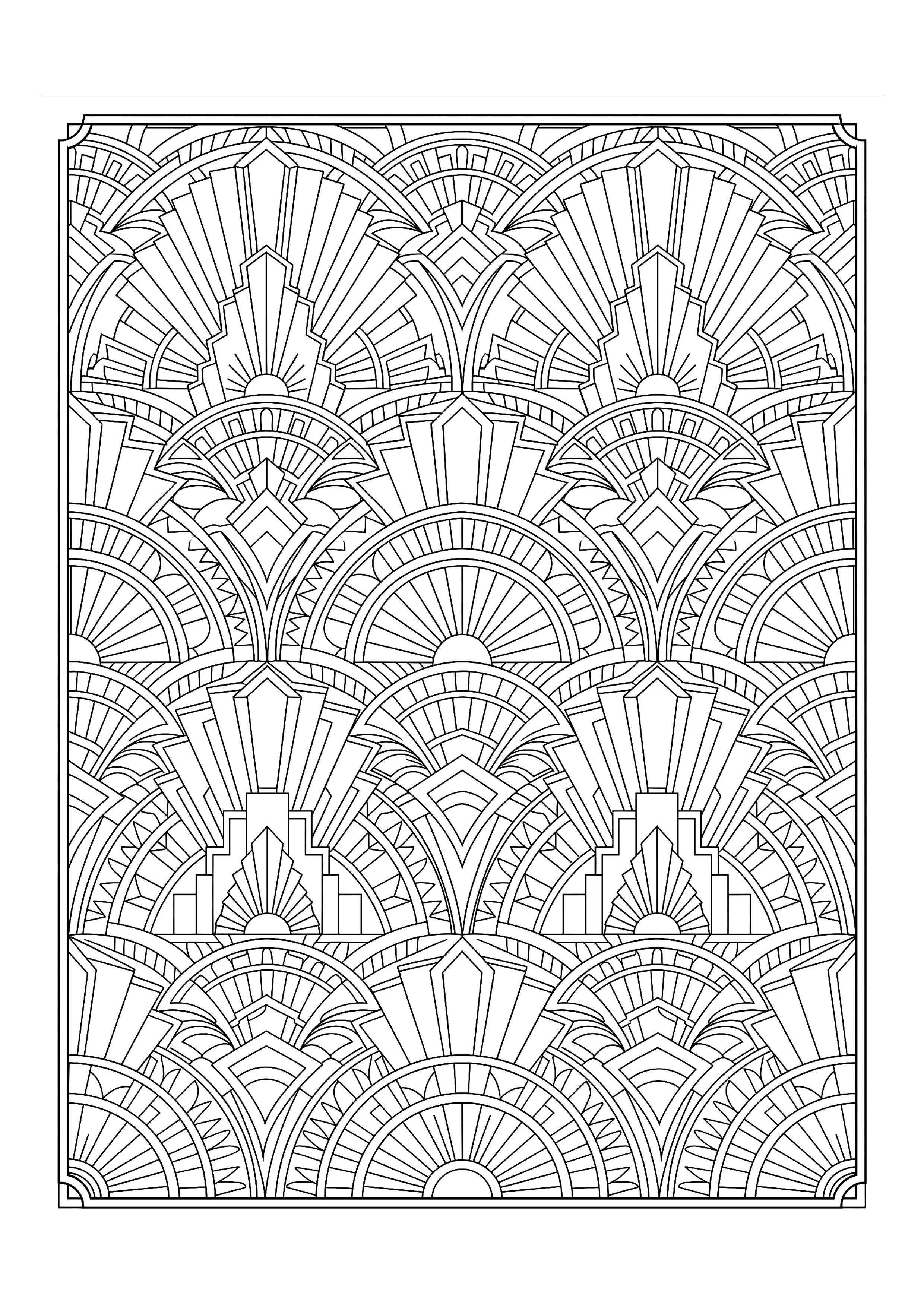 Art Deco Pattern of Stepped Fans and Rays — free printable intricate patterns coloring page
