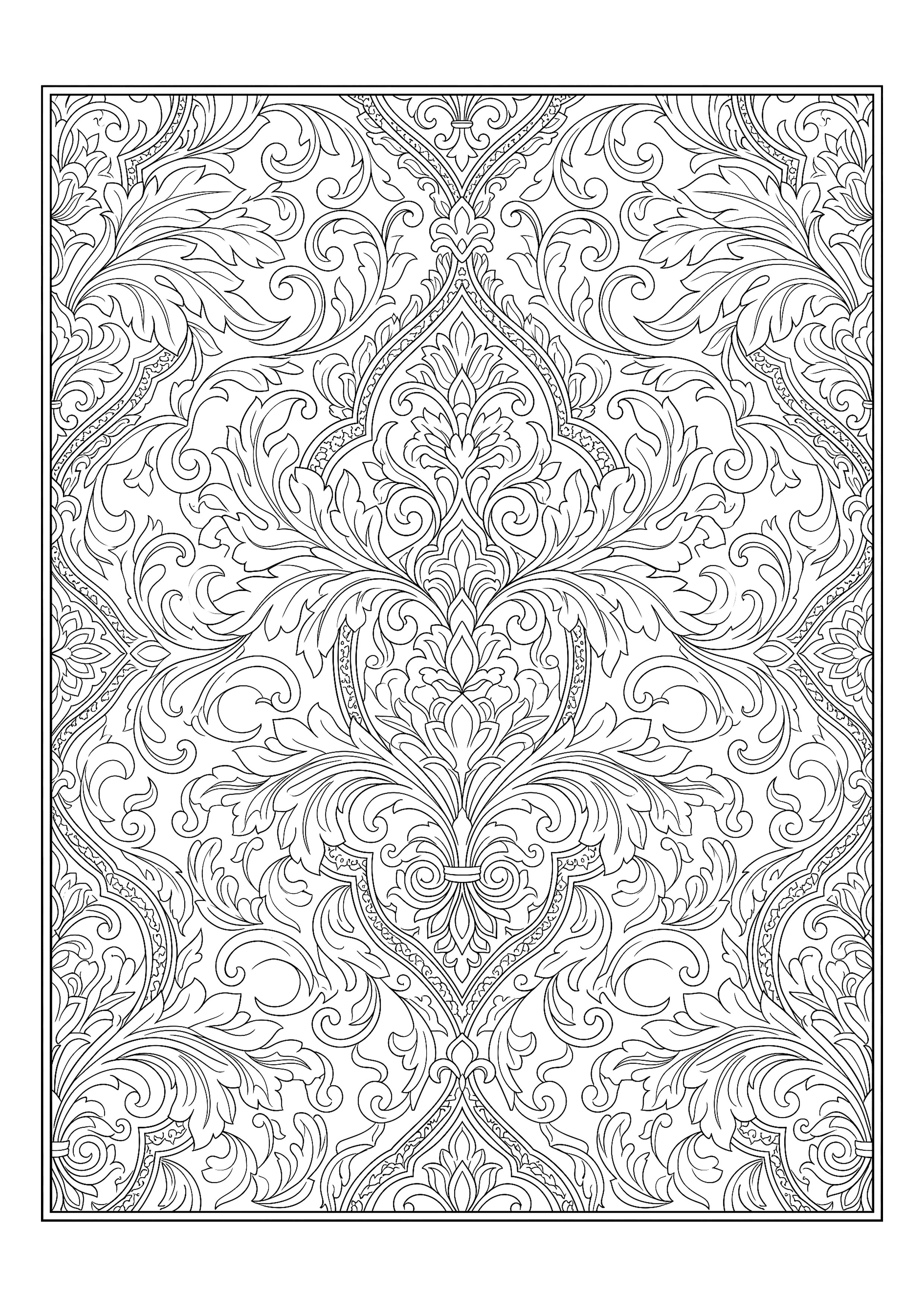 Symmetrical Damask Repeat of Scrolling Leaves — free printable intricate patterns coloring page