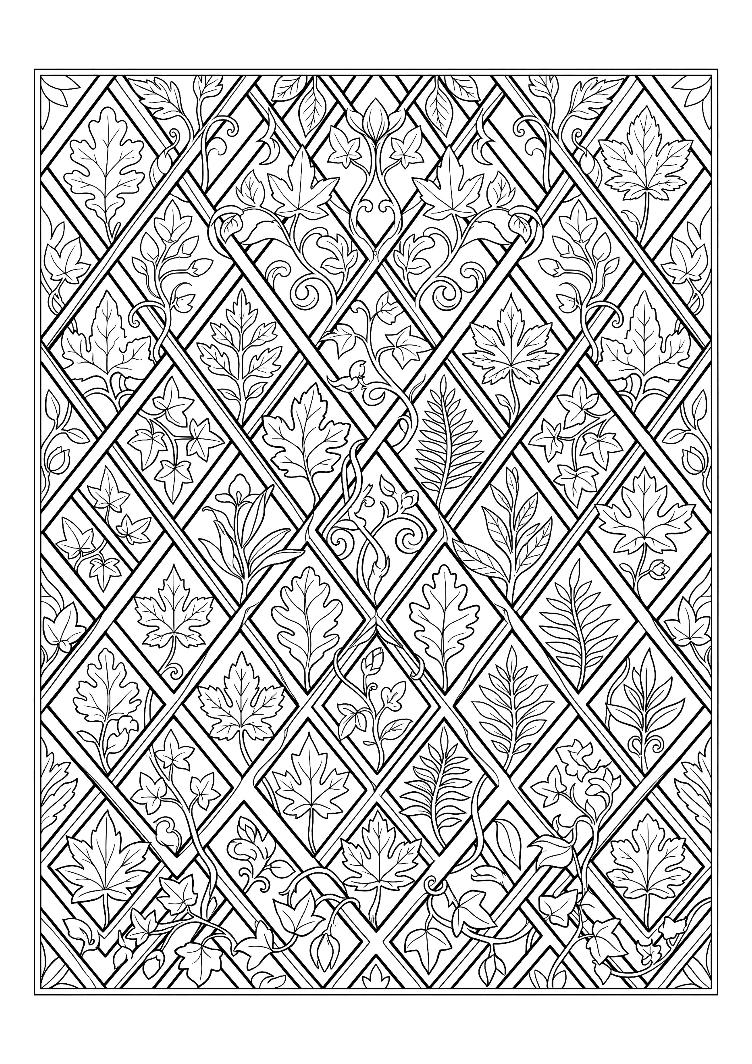 Diagonal Lattice with Leaves Growing through It — free printable intricate patterns coloring page
