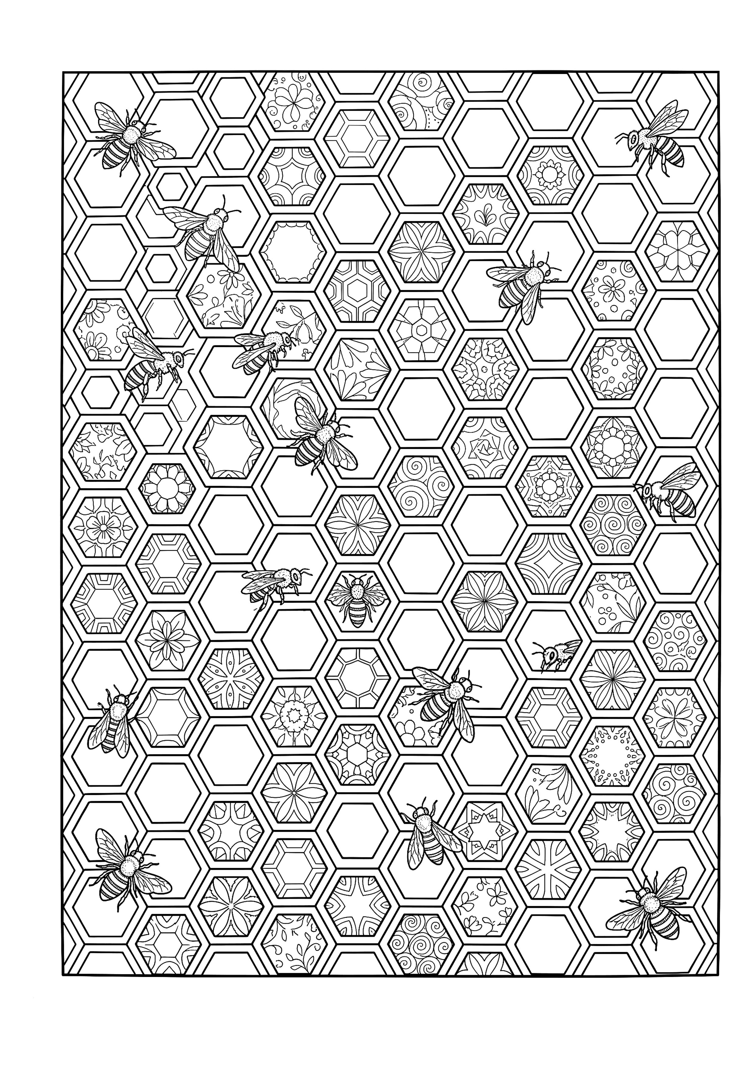 Honeycomb of Hexagon Cells with Bees between Them — free printable intricate patterns coloring page
