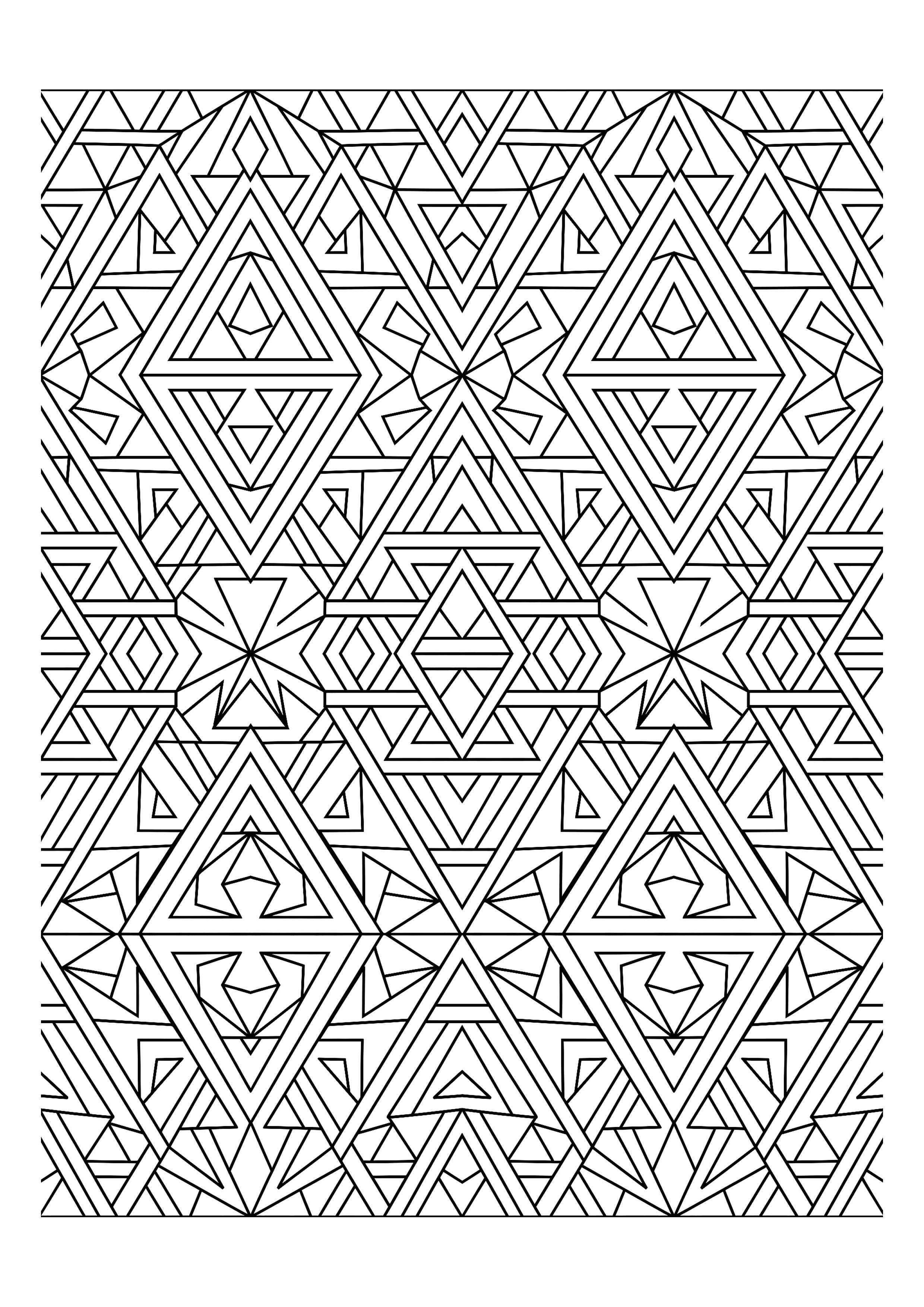 Square Kaleidoscope Pattern Built from Large Triangles — free printable intricate patterns coloring page