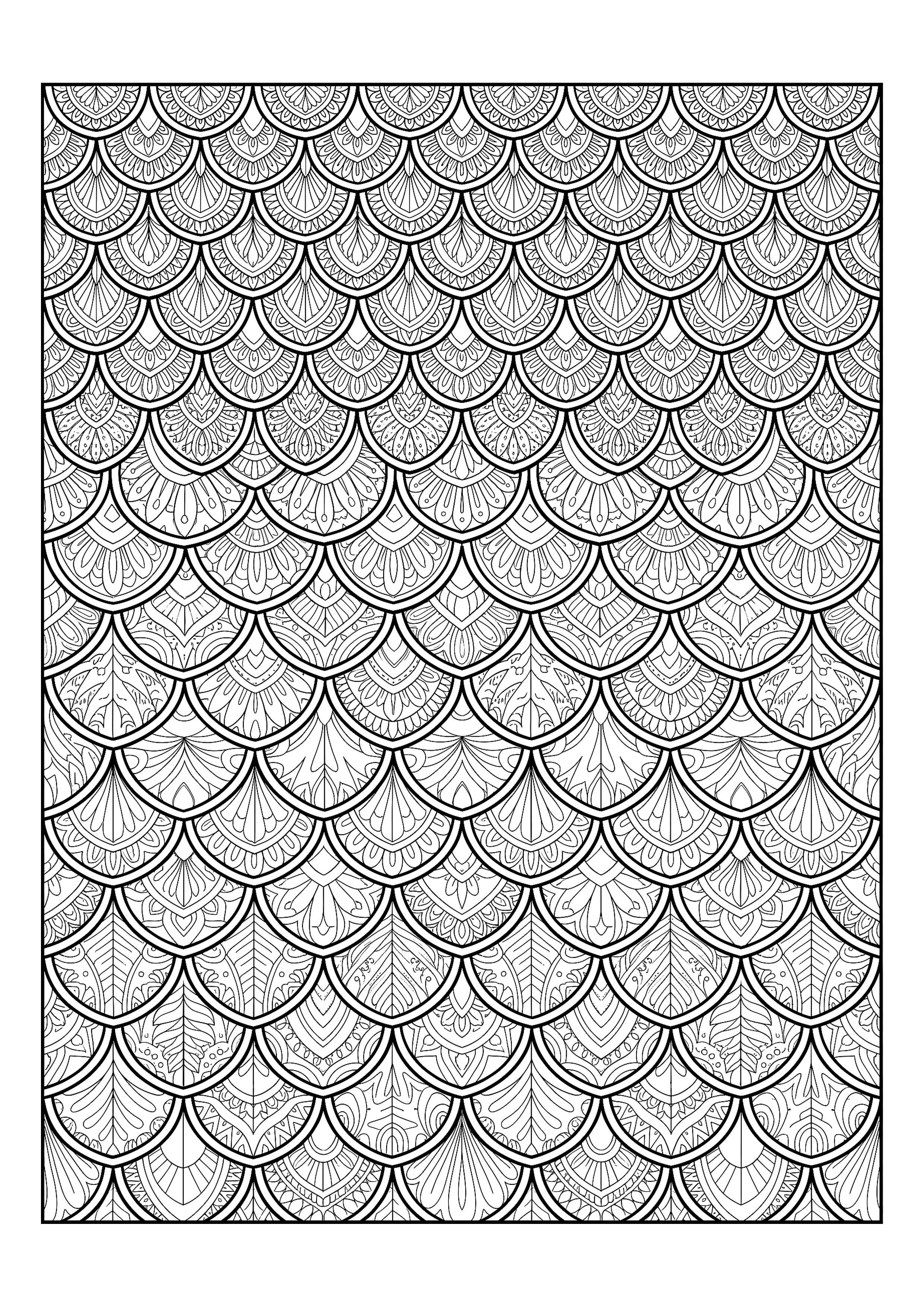 Overlapping Feather Scales in Graded Rows — free printable intricate patterns coloring page