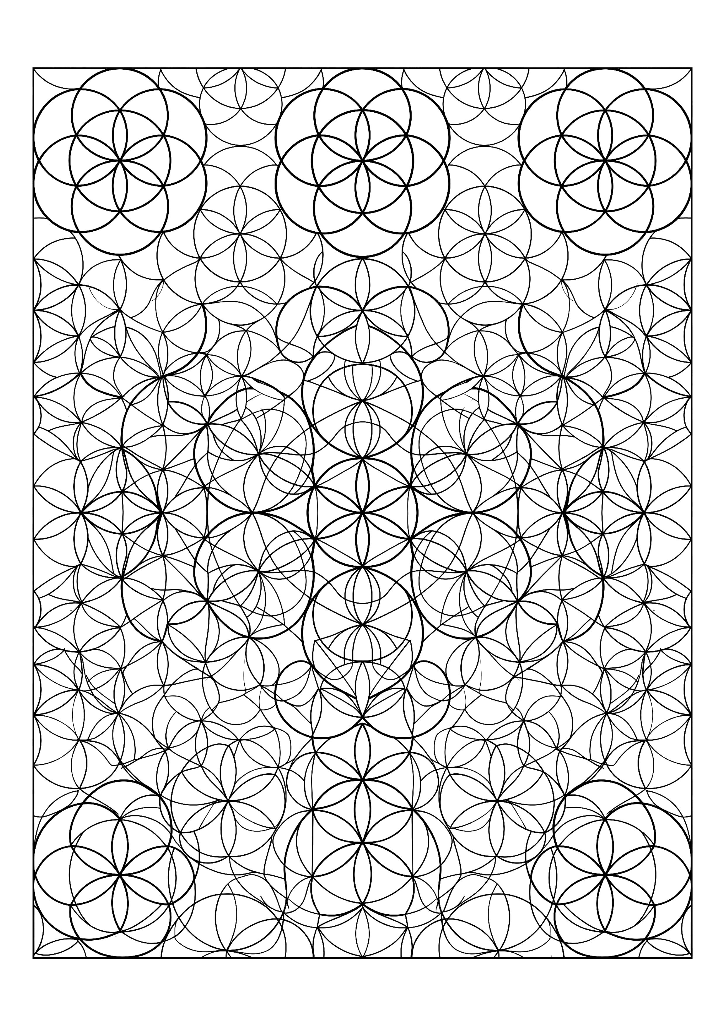 Grid of Overlapping Circles Forming a Seed-of-life Field — free printable intricate patterns coloring page