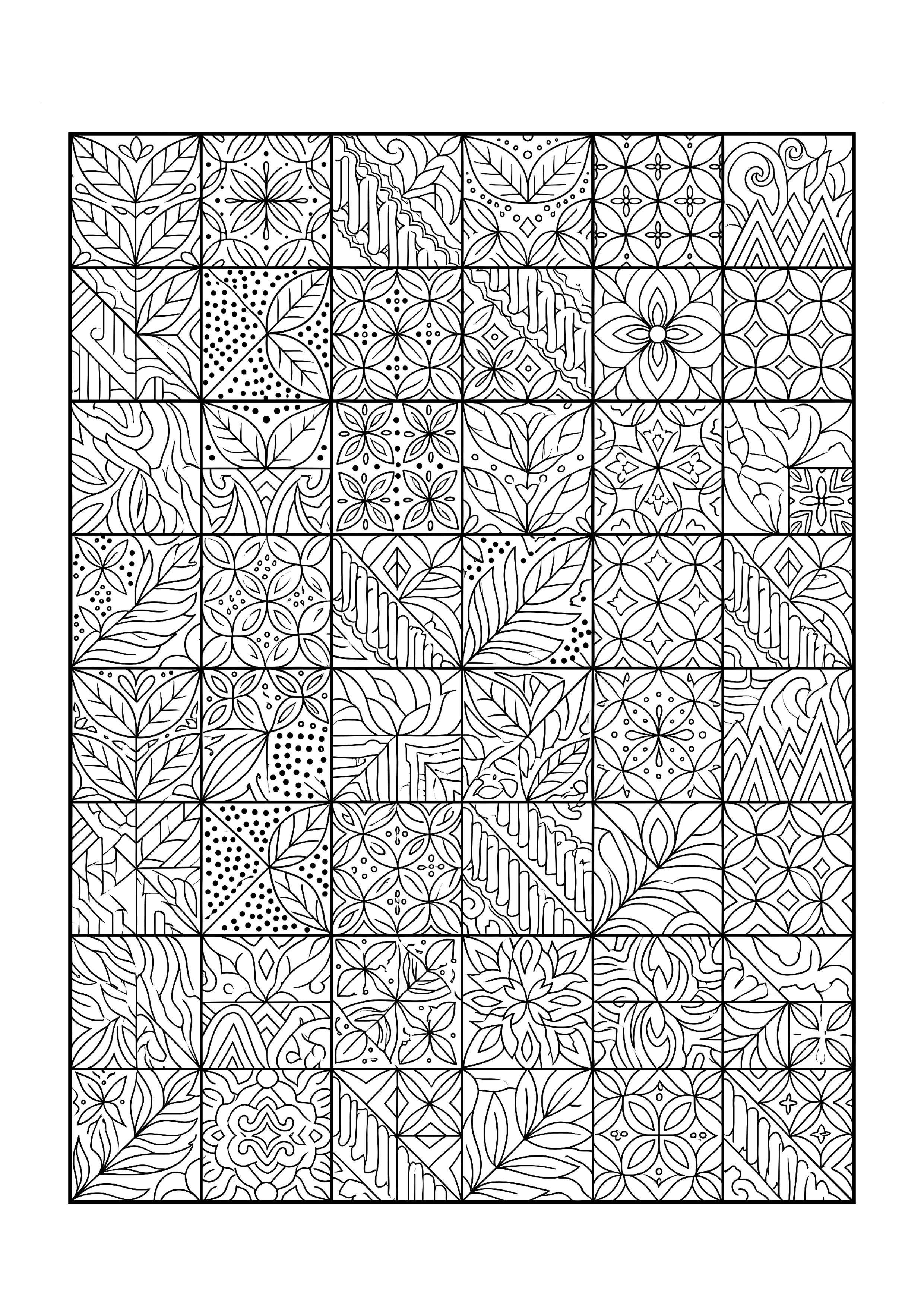 Batik-inspired Panel of Dots, Leaves and Combs — free printable intricate patterns coloring page