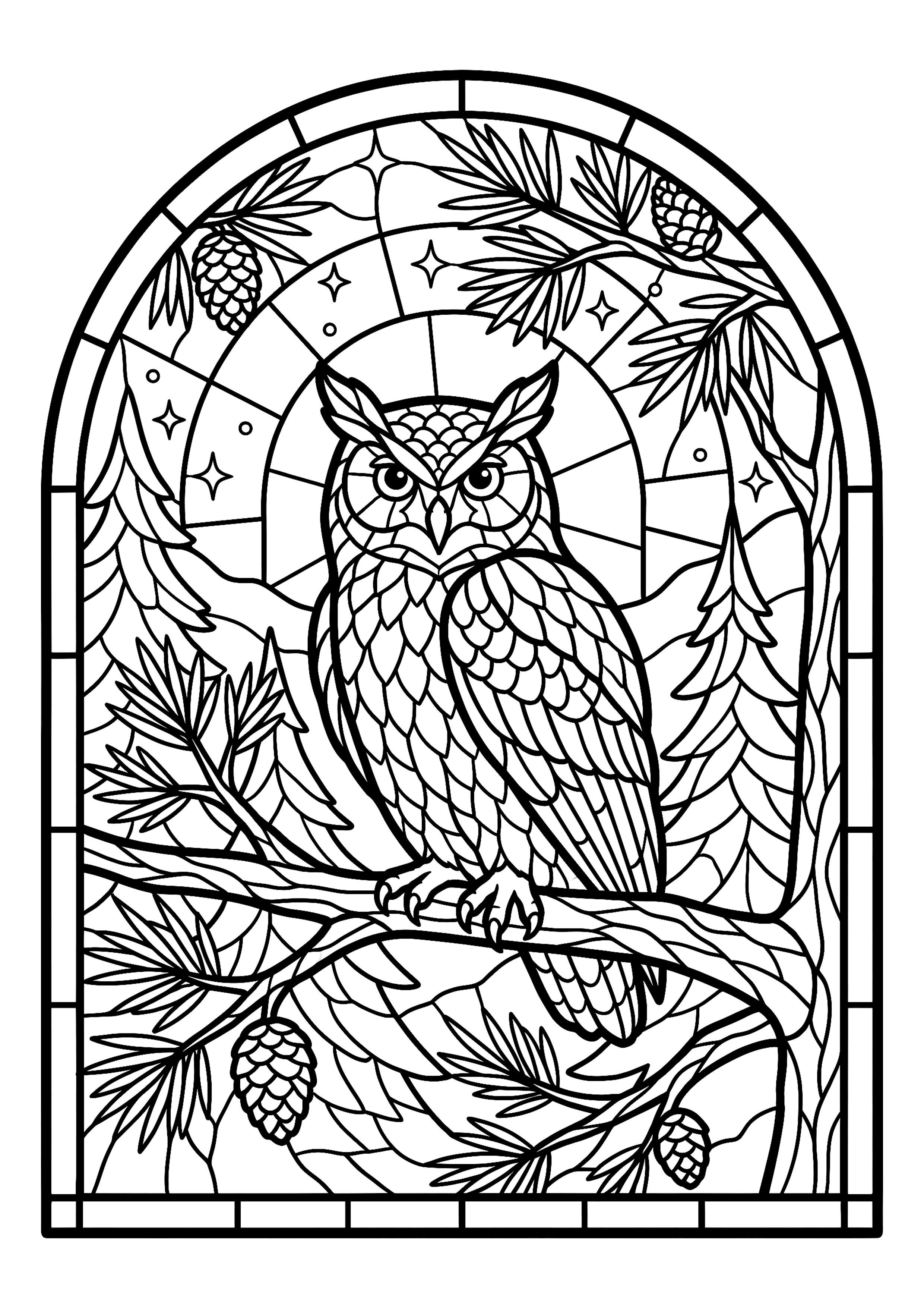 Owl Perched in a Pine Forest — free printable stained glass coloring page