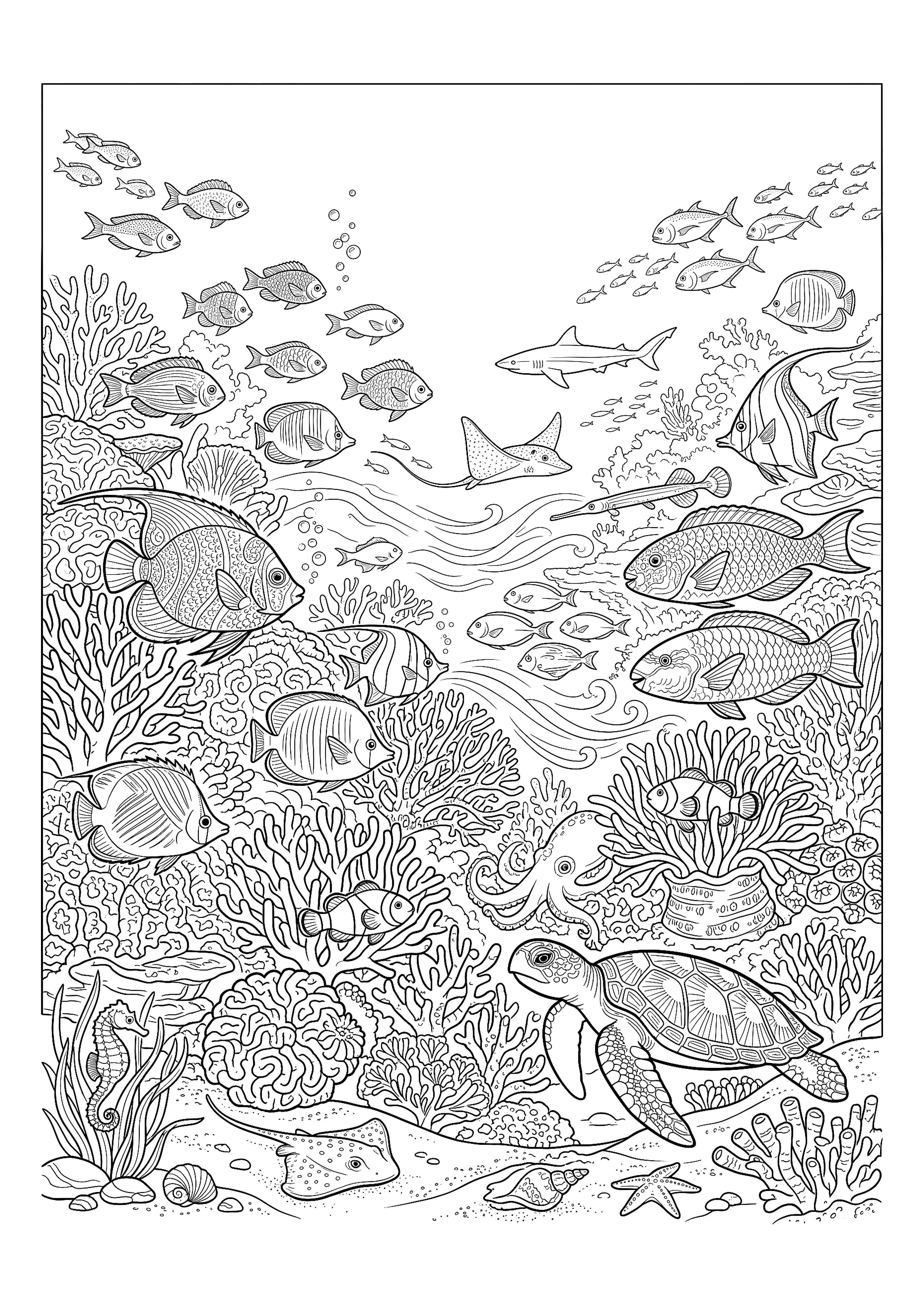 Wide Coral Reef Panorama Crowded with Fish — free printable under the sea coloring page