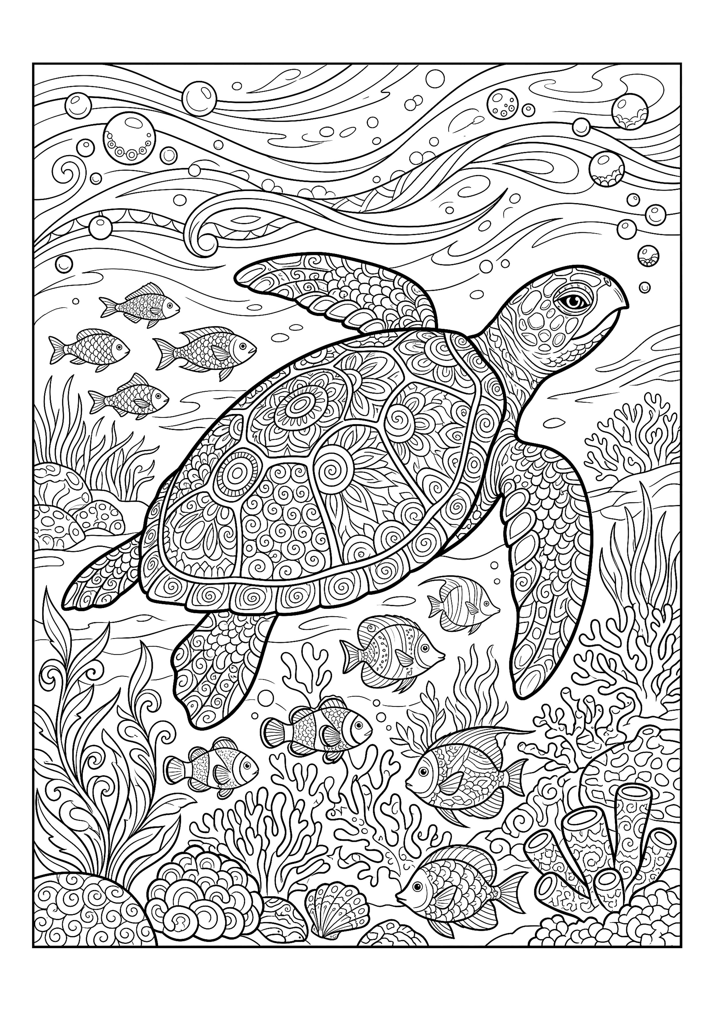 Sea Turtle with an Ornately Patterned Shell — free printable under the sea coloring page