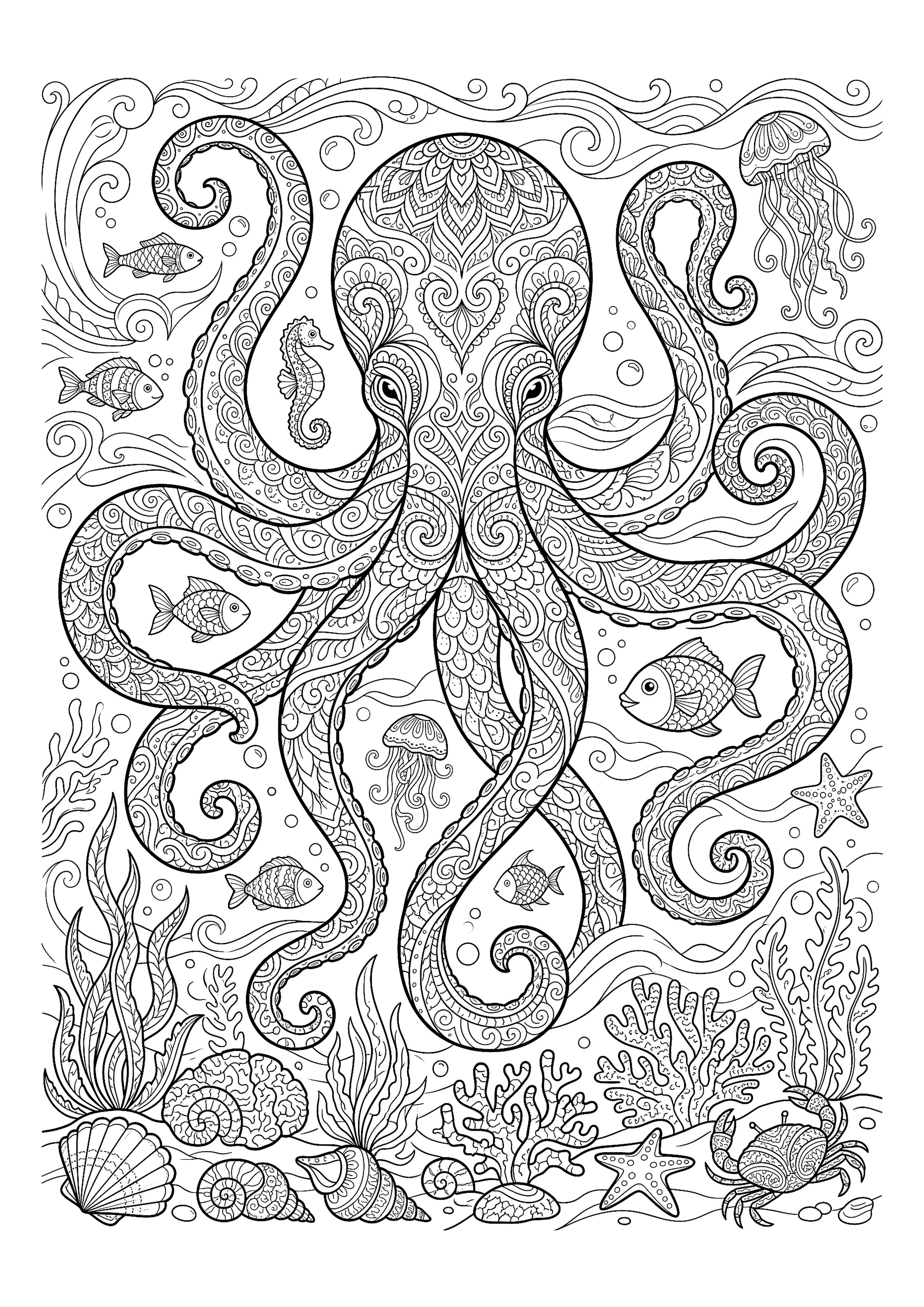 Octopus with Long Curling Patterned Arms — free printable under the sea coloring page