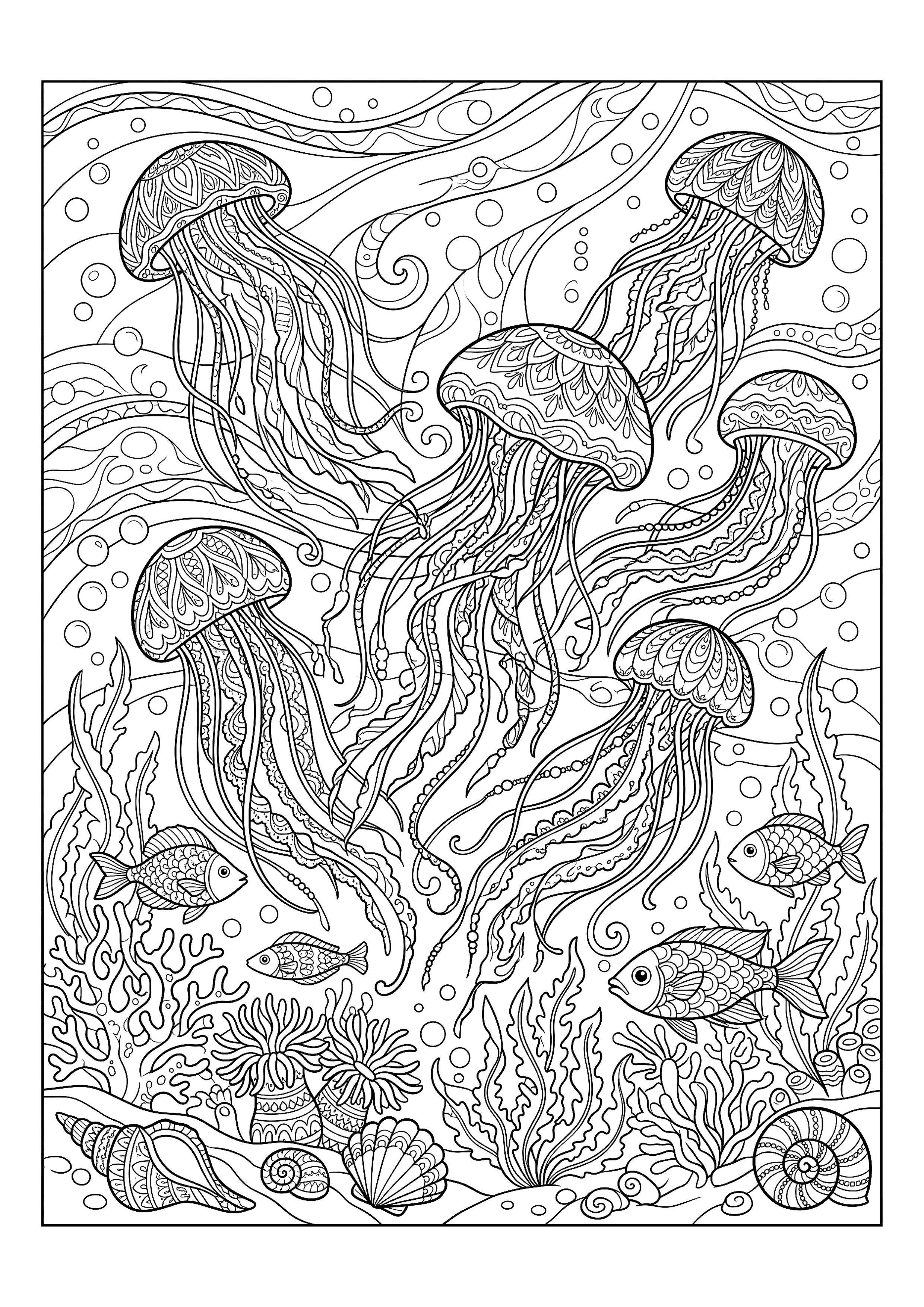 Bloom of Trailing Jellyfish — free printable under the sea coloring page