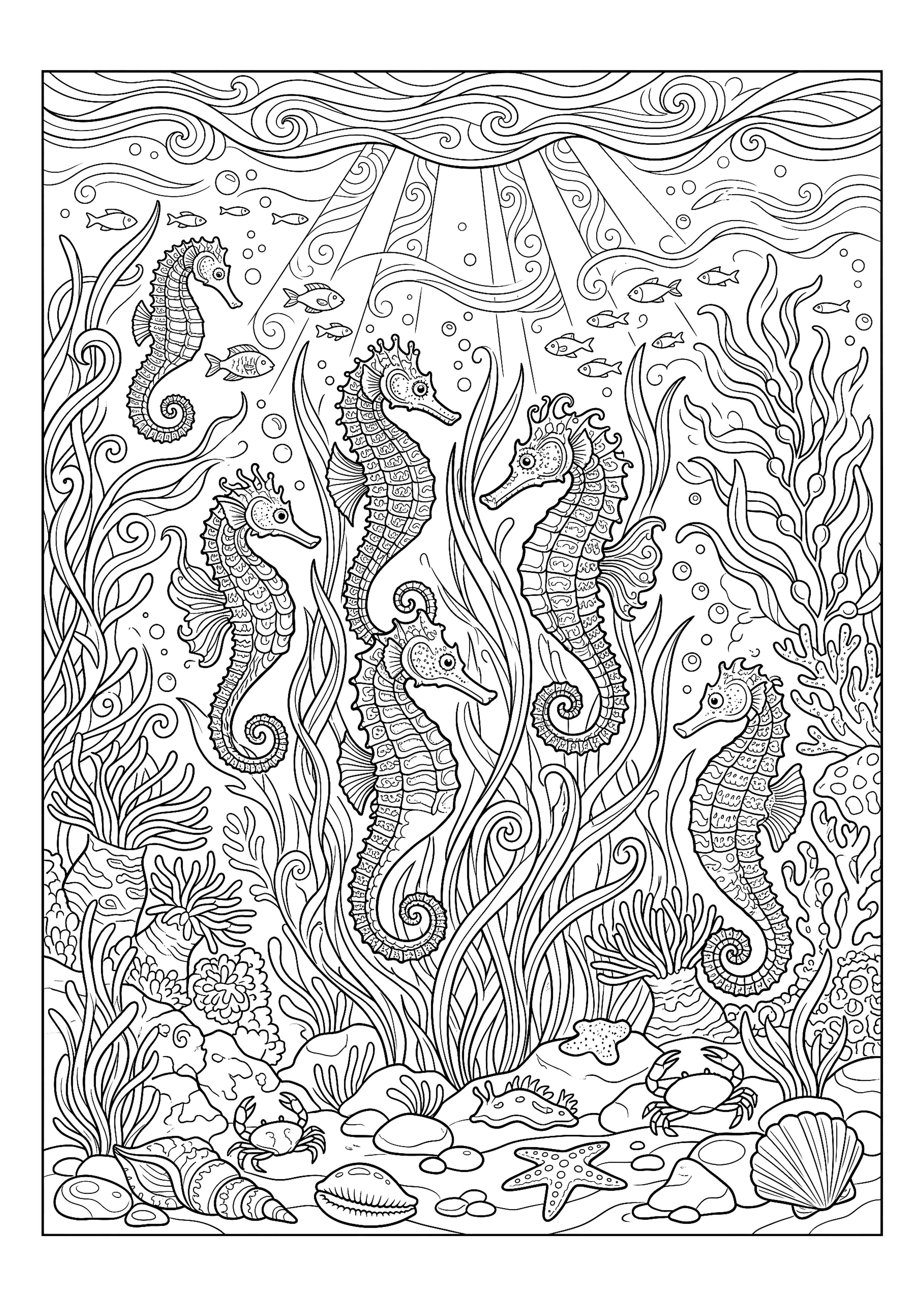 Garden of Seahorses among Sea Grass — free printable under the sea coloring page