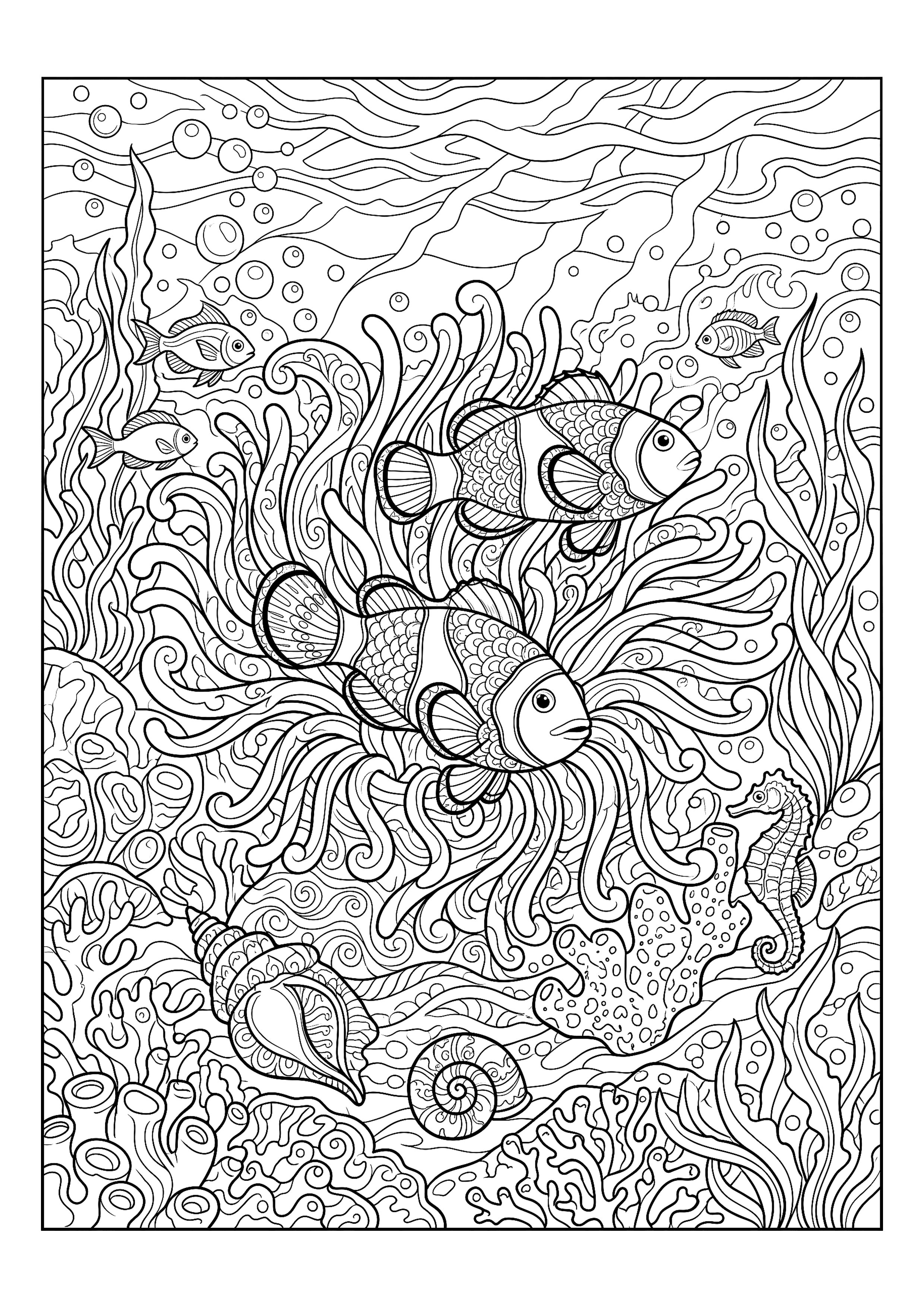 Clownfish Sheltering in a Sea Anemone — free printable under the sea coloring page