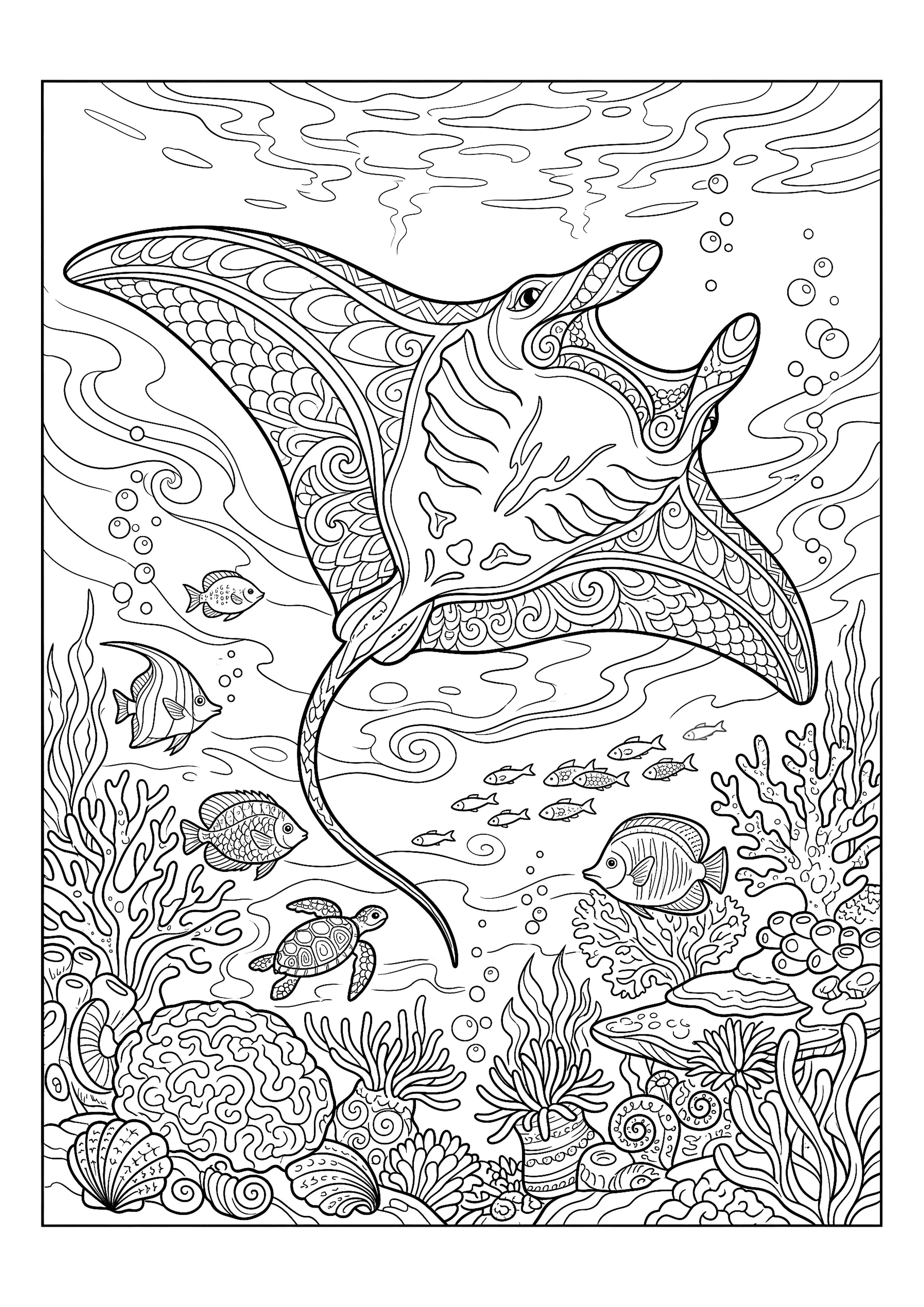 Manta Ray Gliding Overhead — free printable under the sea coloring page