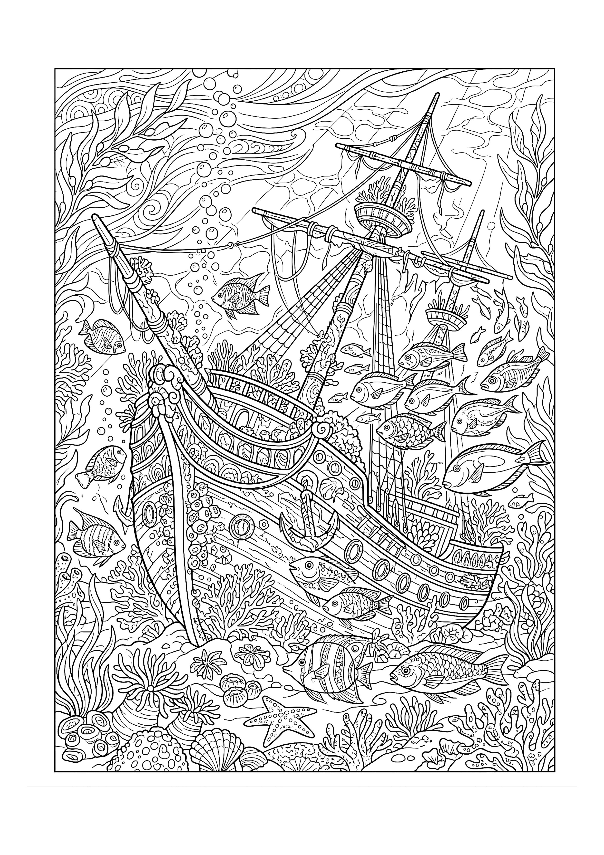 Sunken Shipwreck Colonised by Fish — free printable under the sea coloring page