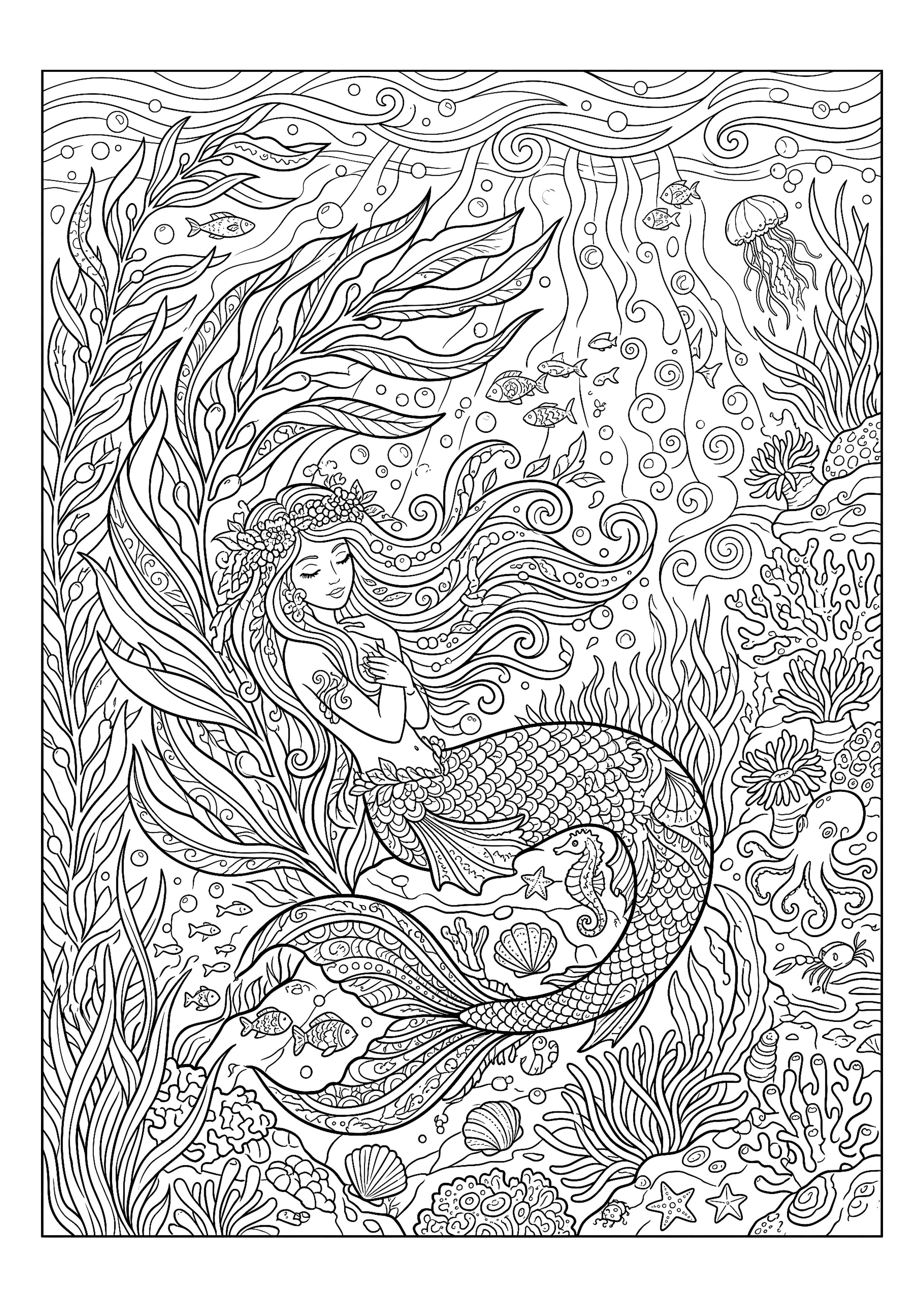 Mermaid Resting in a Kelp Forest — free printable under the sea coloring page