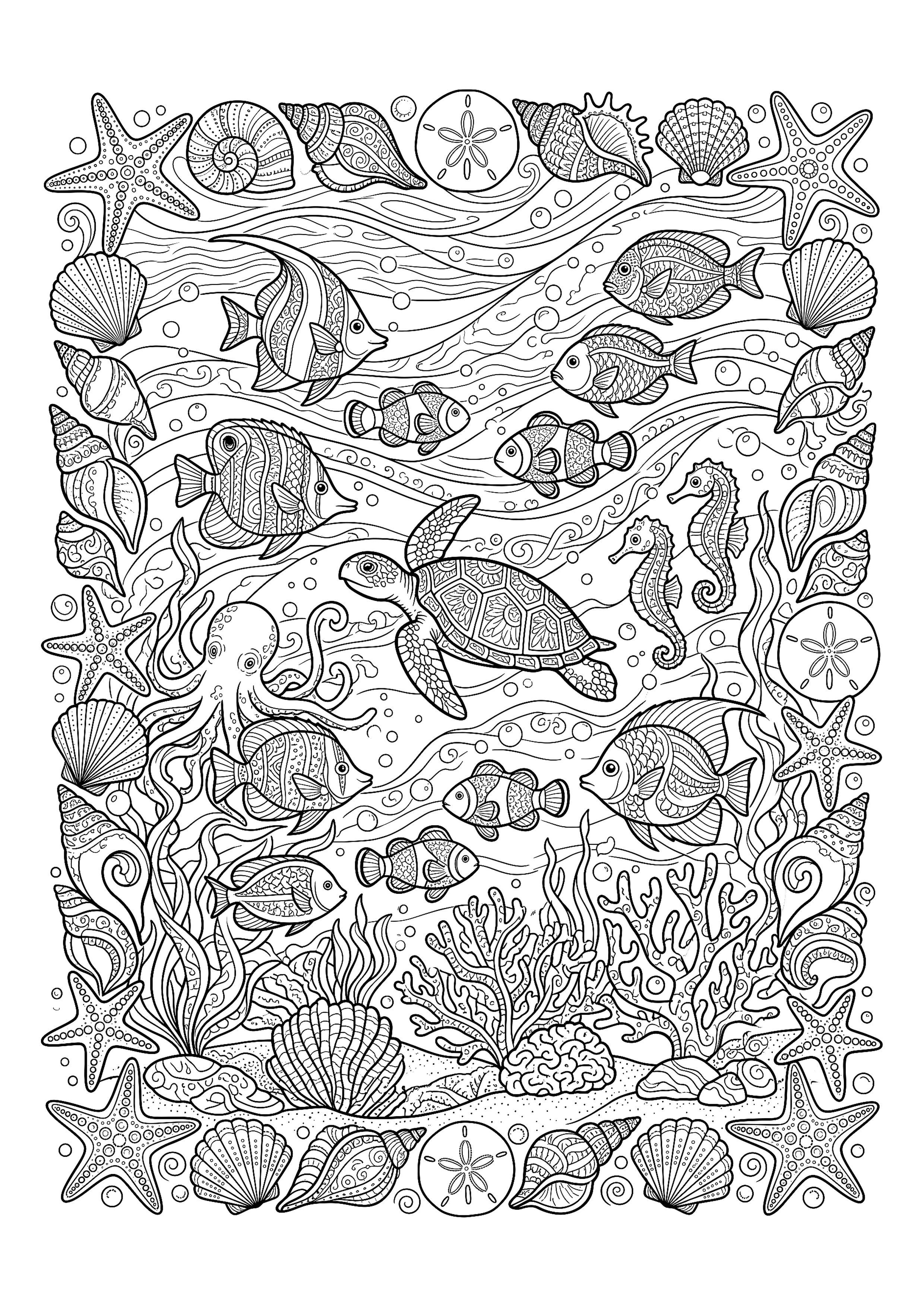 Border of Starfish, Shells and Sand Dollars — free printable under the sea coloring page