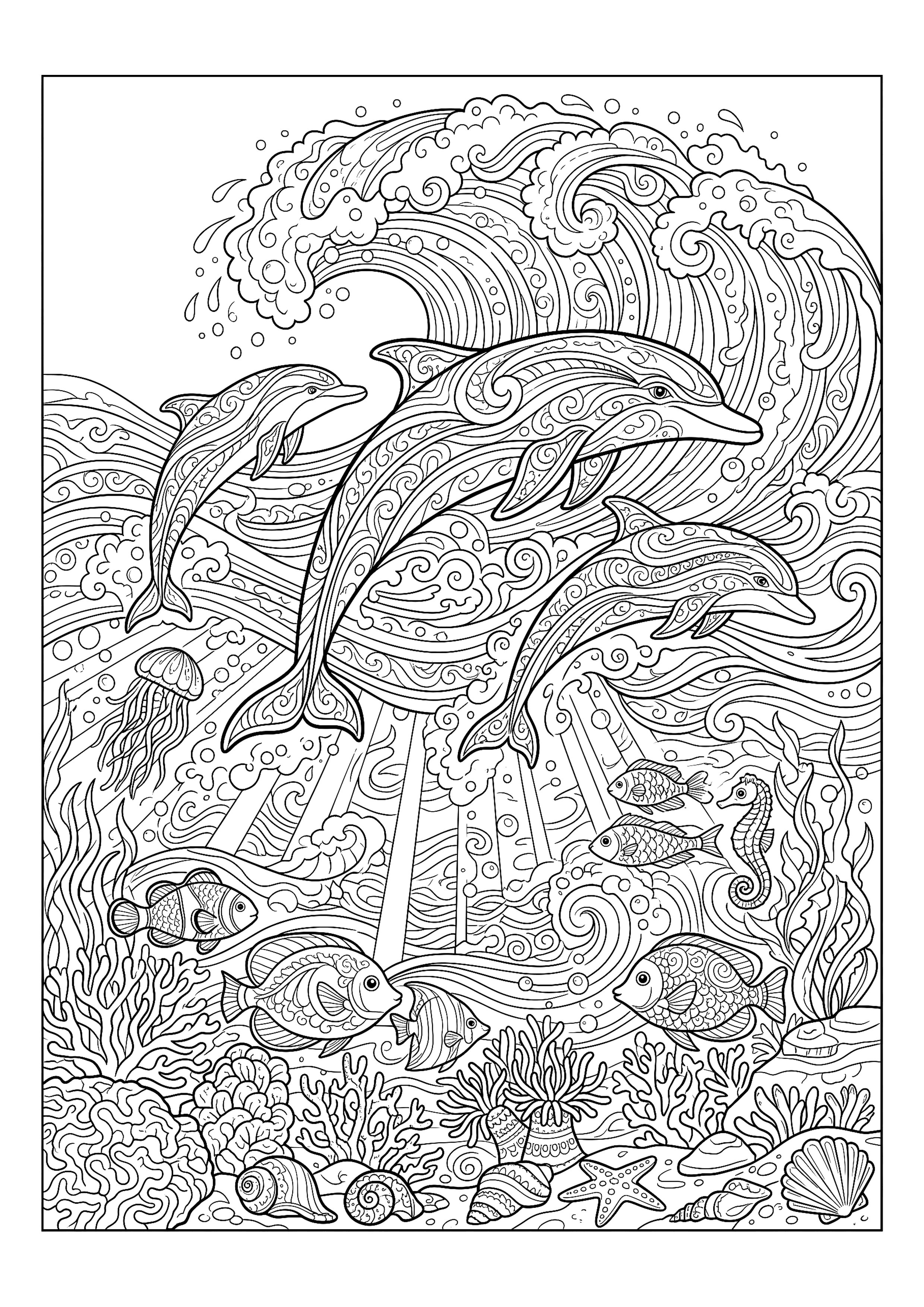 Dolphins Arcing through Breaking Waves — free printable under the sea coloring page