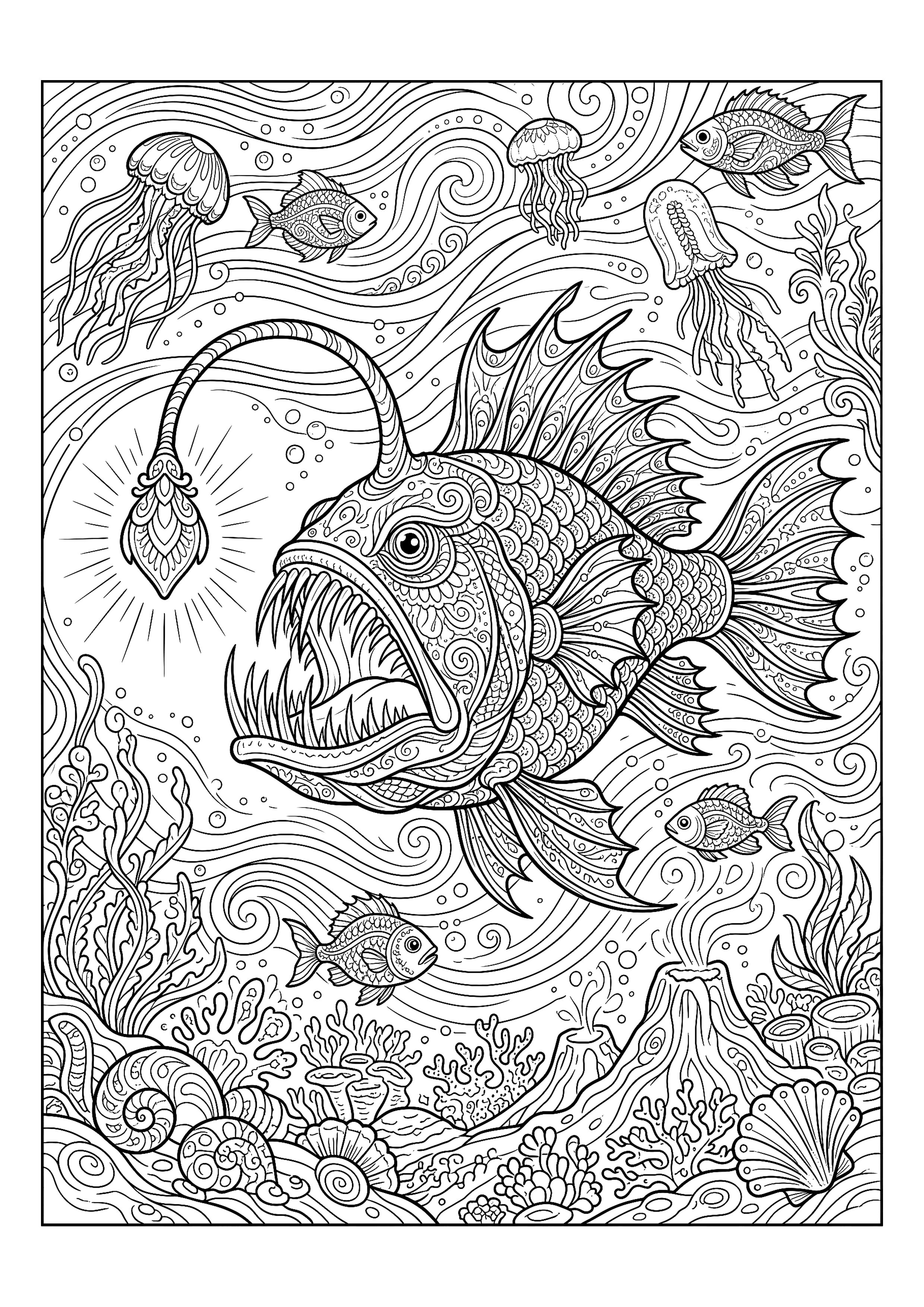 Deep Sea Anglerfish with a Glowing Lure — free printable under the sea coloring page