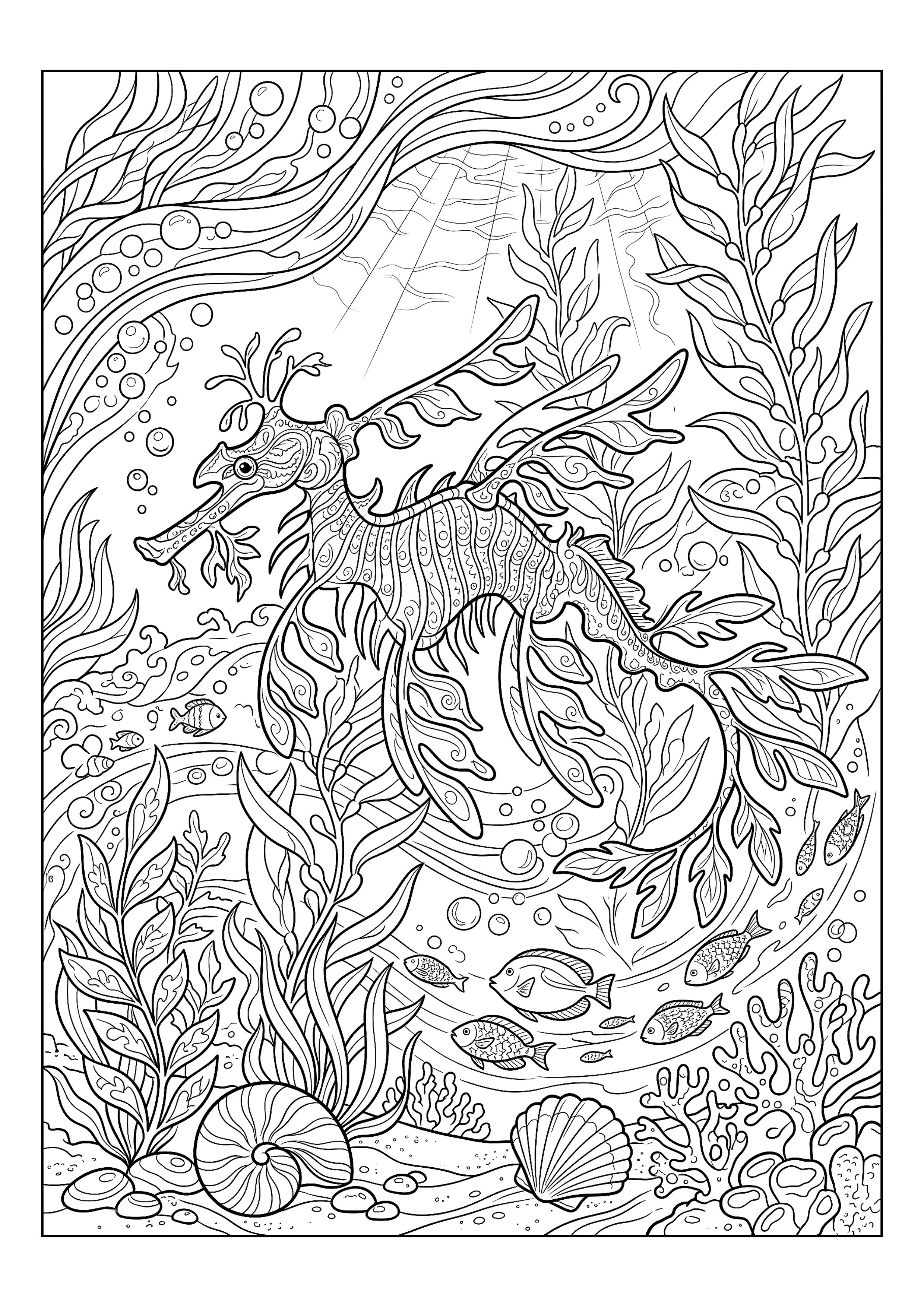 Leafy Sea Dragon among Fronds — free printable under the sea coloring page