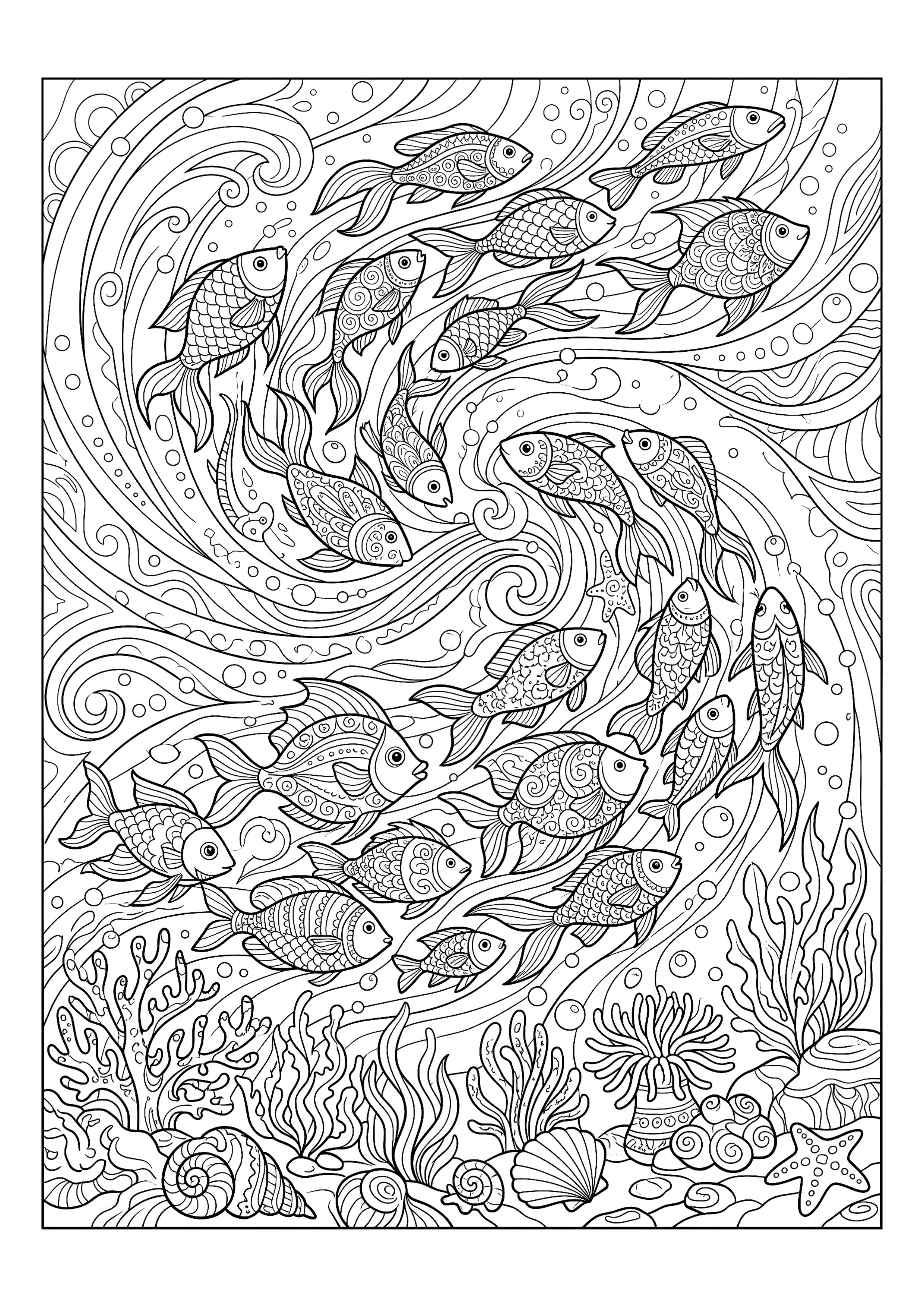 Swirling School of Tropical Fish — free printable under the sea coloring page