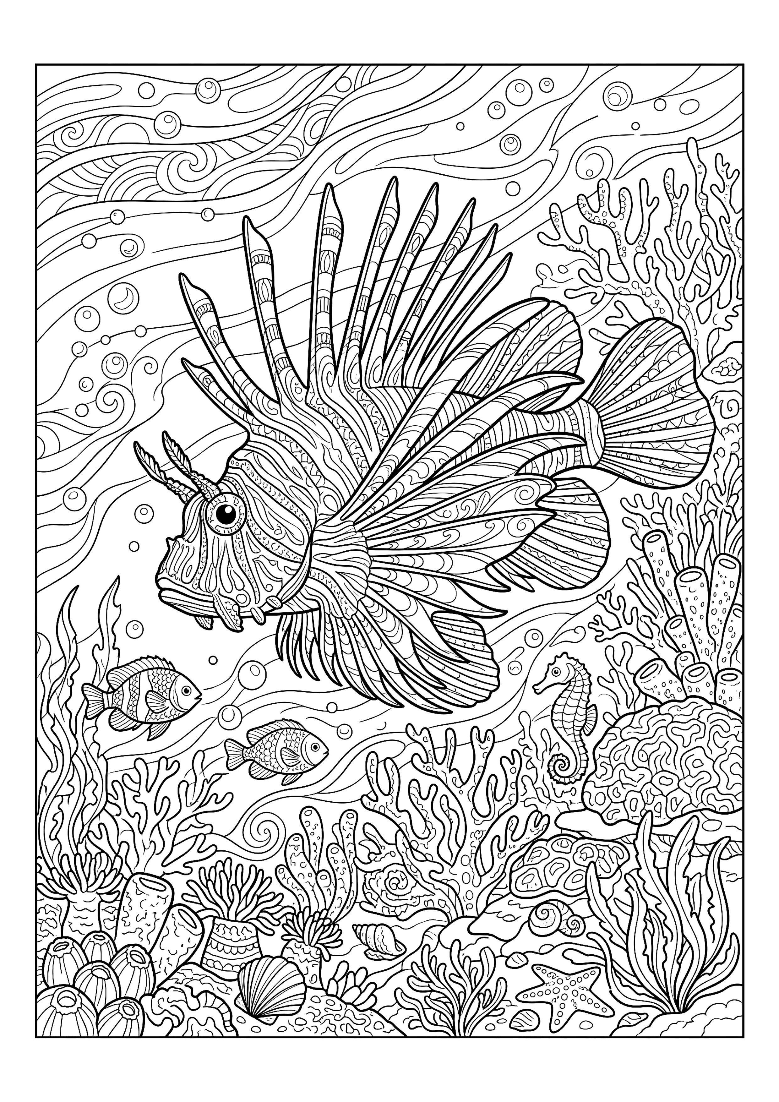 Lionfish with Long Banded Spines — free printable under the sea coloring page