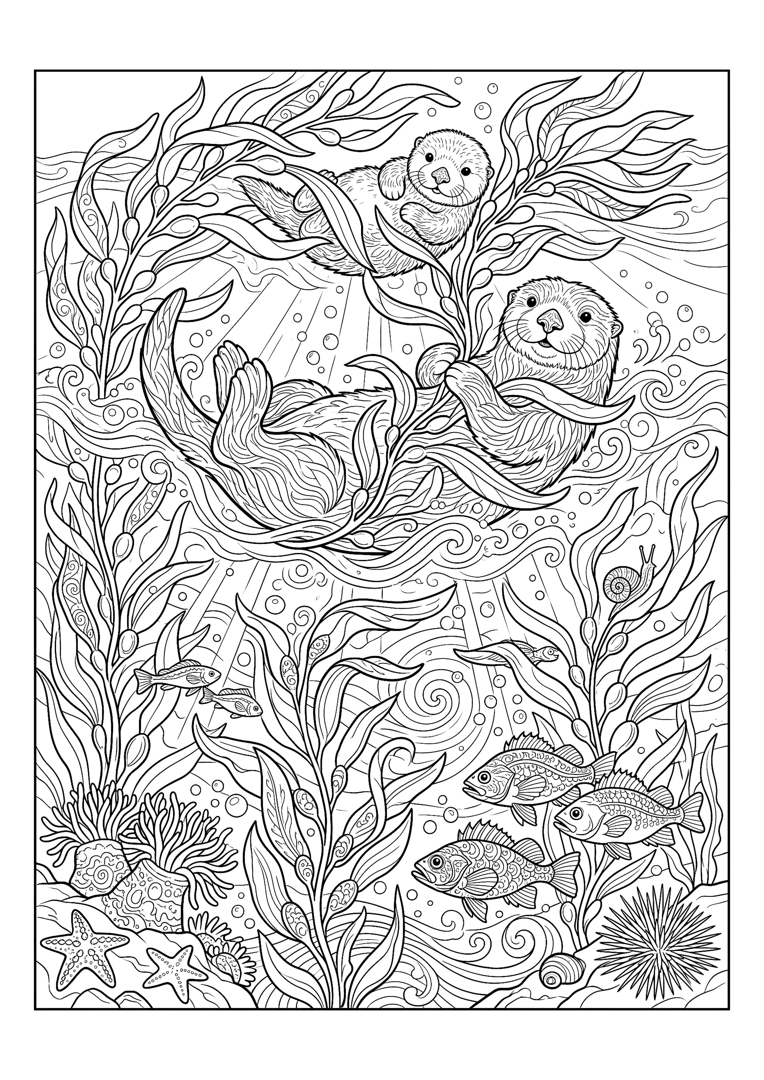 Sea Otters Floating in a Kelp Forest — free printable under the sea coloring page