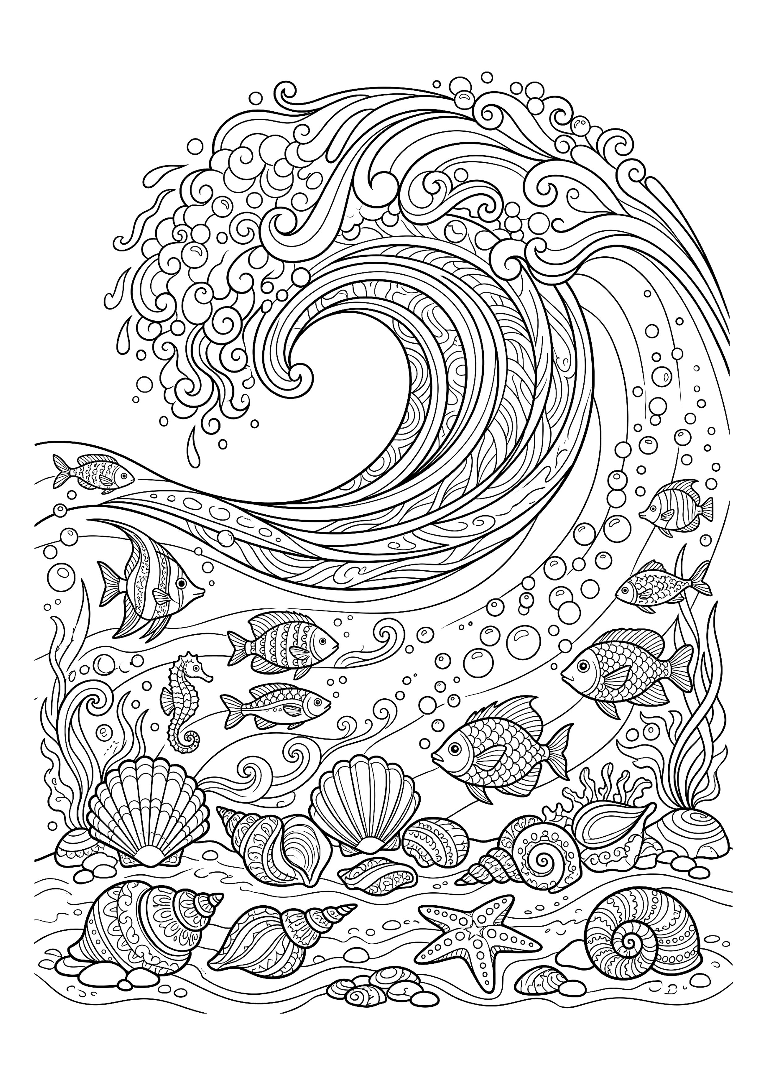 Great Curling Wave Breaking over Scattered Shells — free printable under the sea coloring page