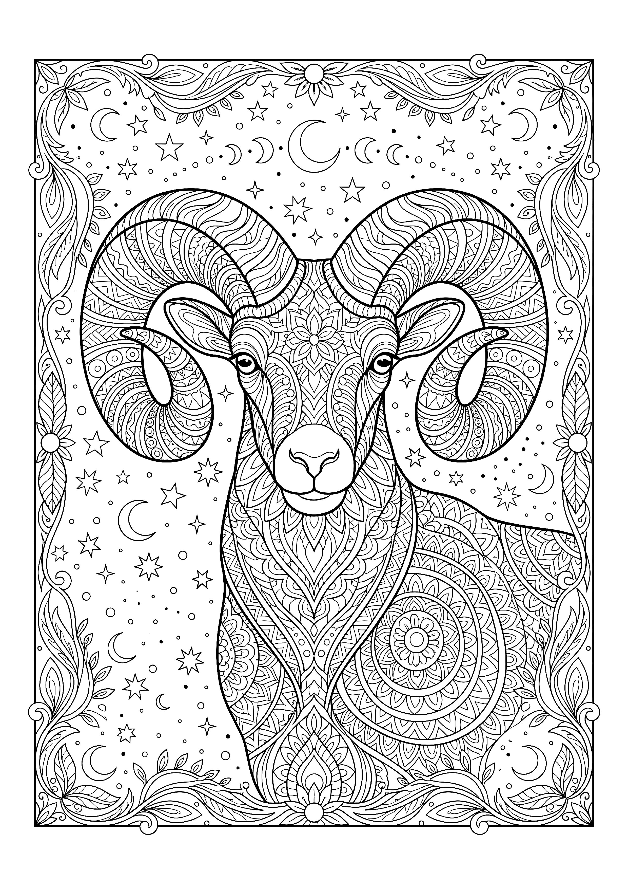 Aries Ram with Spiralling Horns — free printable zodiac signs coloring page