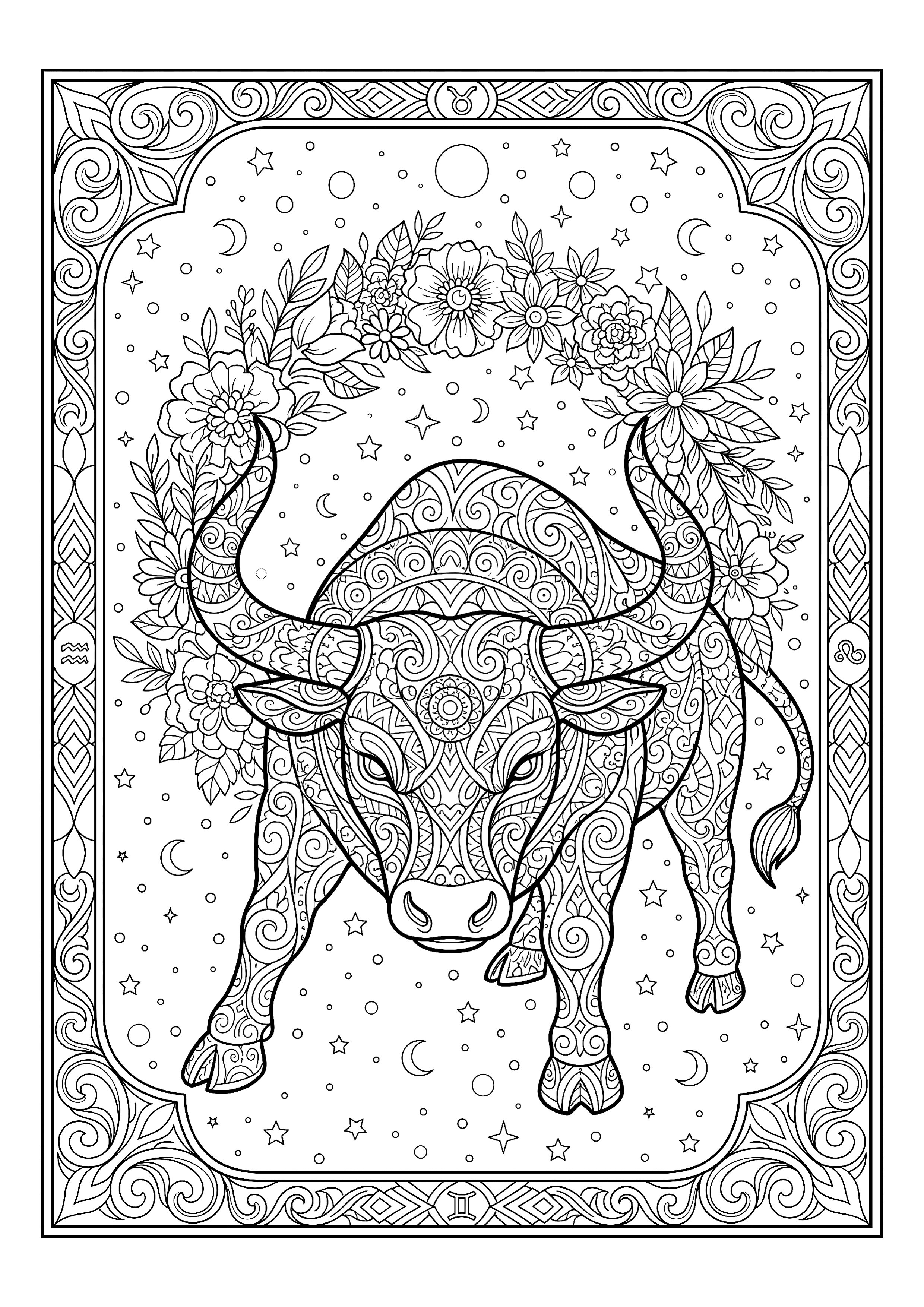 Taurus Bull, Head Lowered, Horns Wreathed in Flowers — free printable zodiac signs coloring page