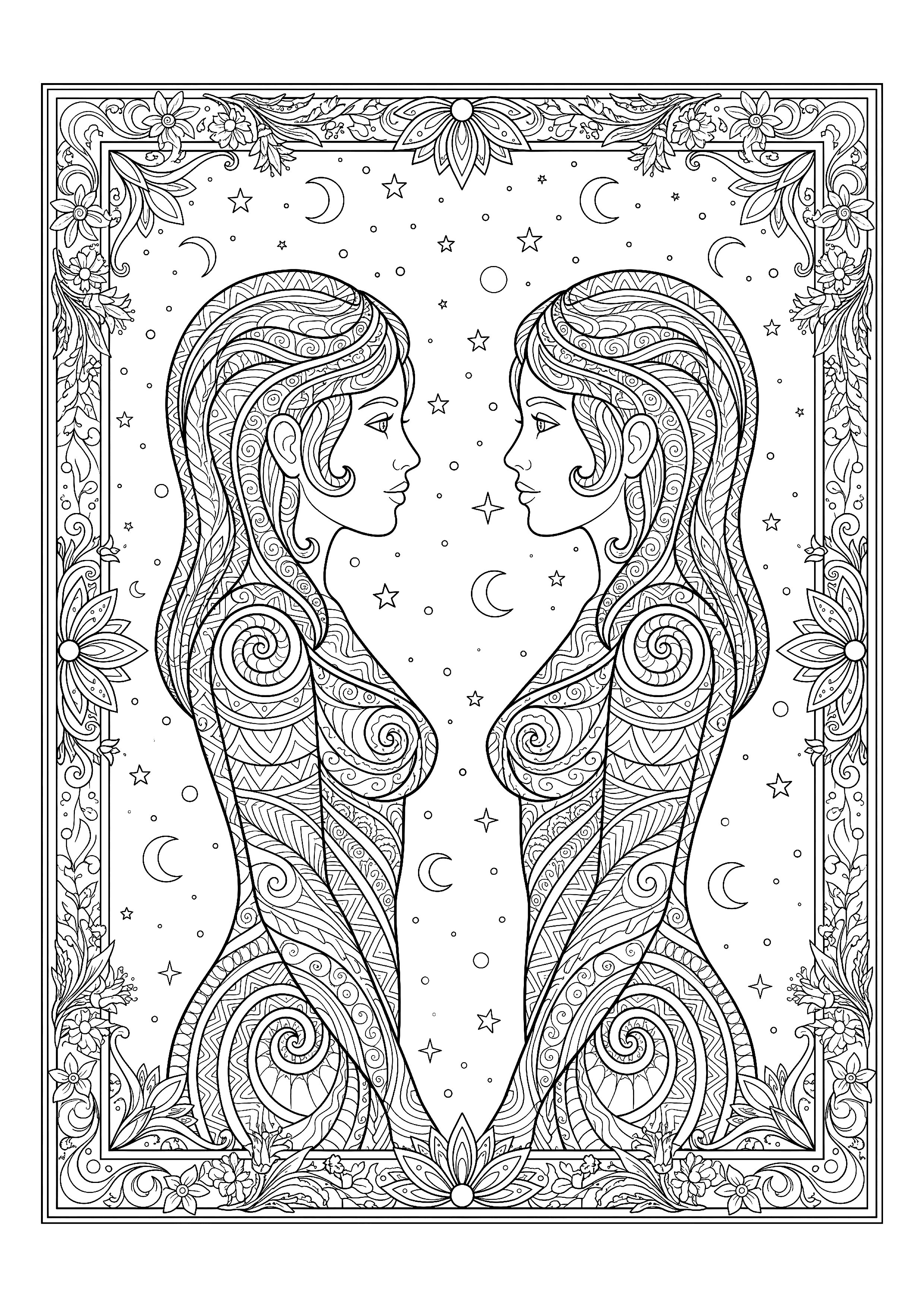 Gemini Twins Facing One Another in Mirror Symmetry — free printable zodiac signs coloring page