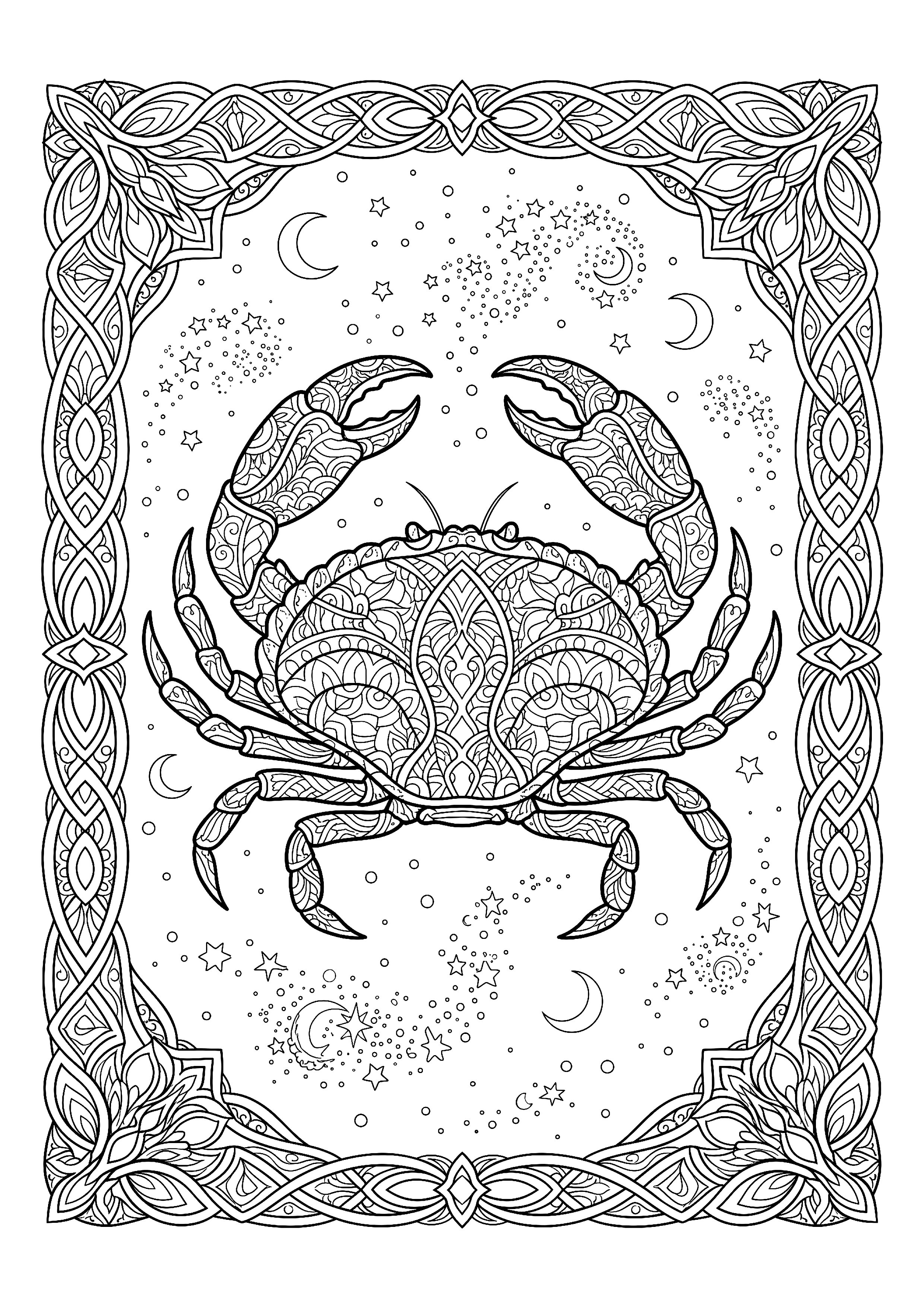 Cancer Crab with a Patterned Shell — free printable zodiac signs coloring page