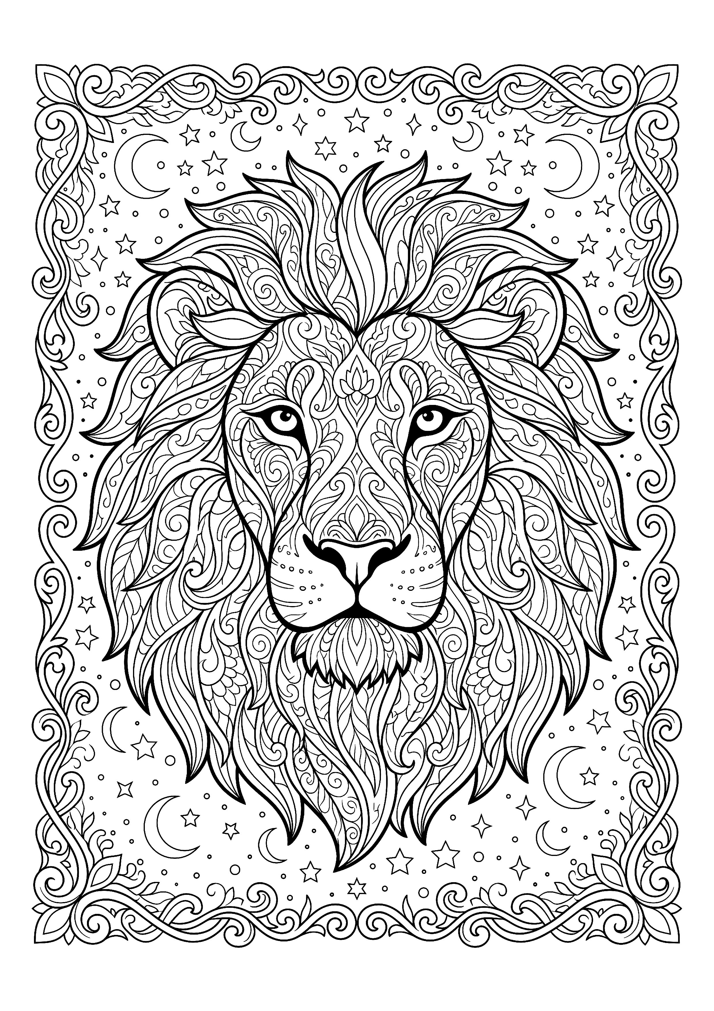 Leo Lion, Mane Filled with Decorative Pattern — free printable zodiac signs coloring page