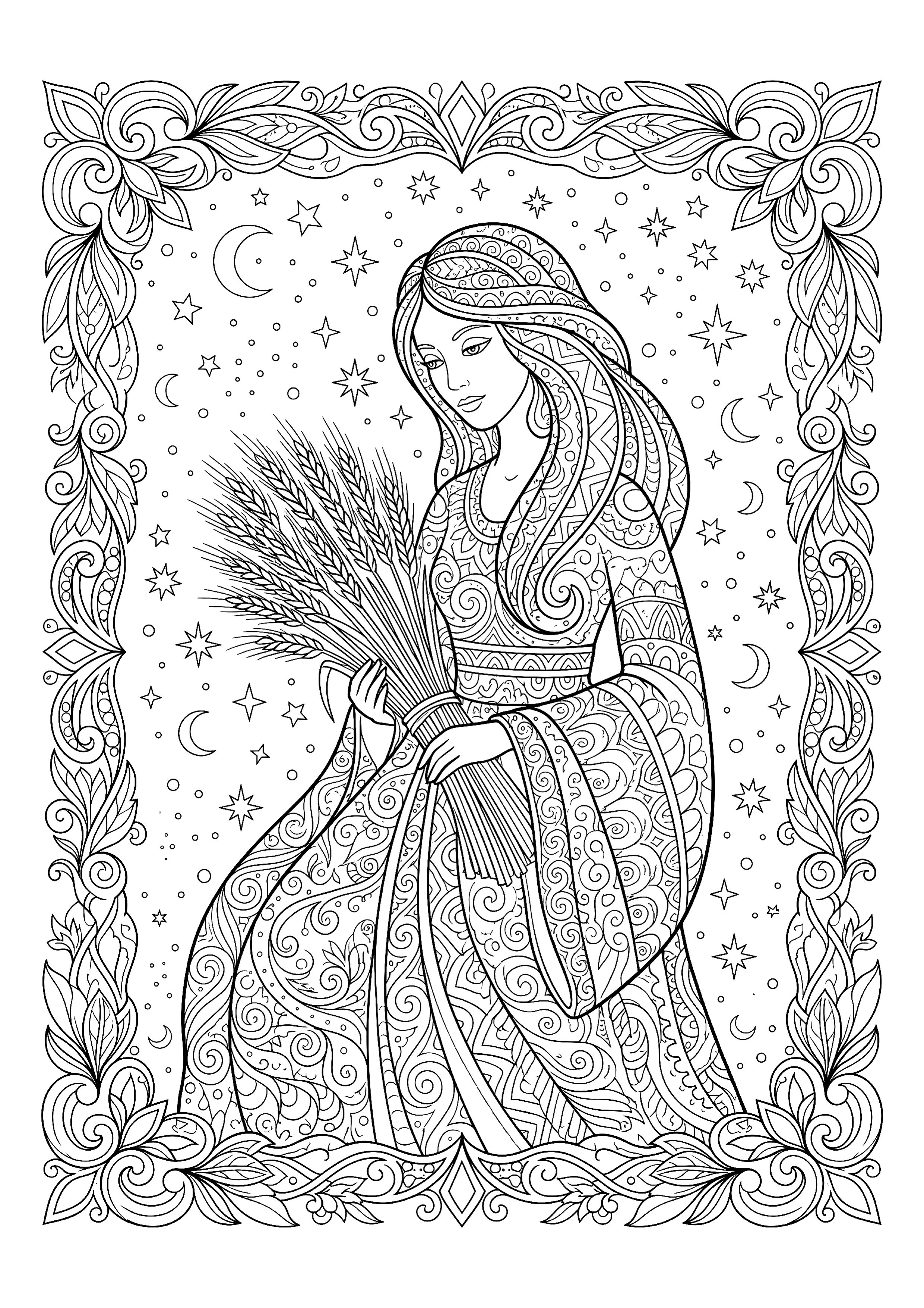 Virgo Maiden Holding a Sheaf of Wheat — free printable zodiac signs coloring page