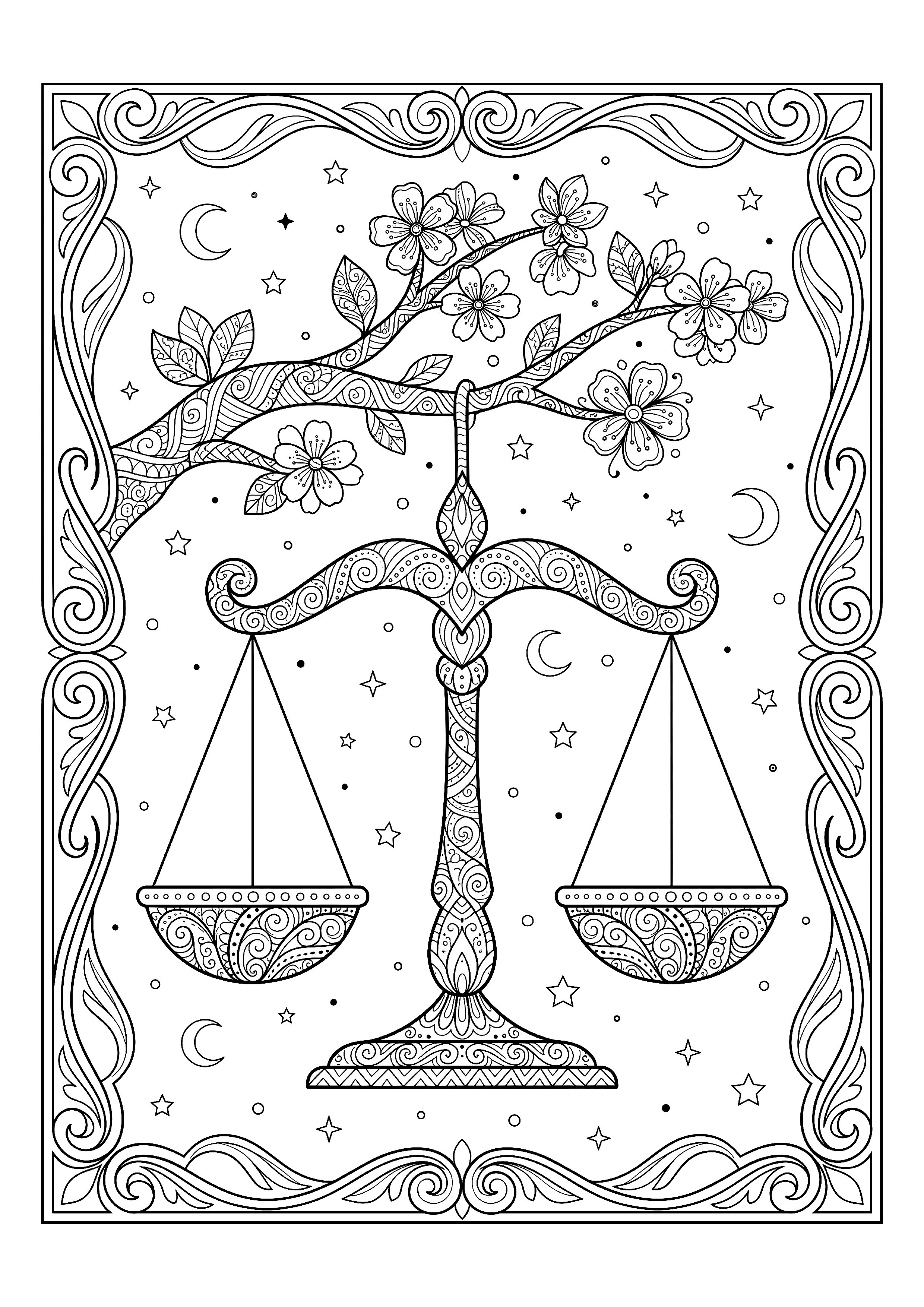 Libra Scales Hanging from a Flowering Branch — free printable zodiac signs coloring page