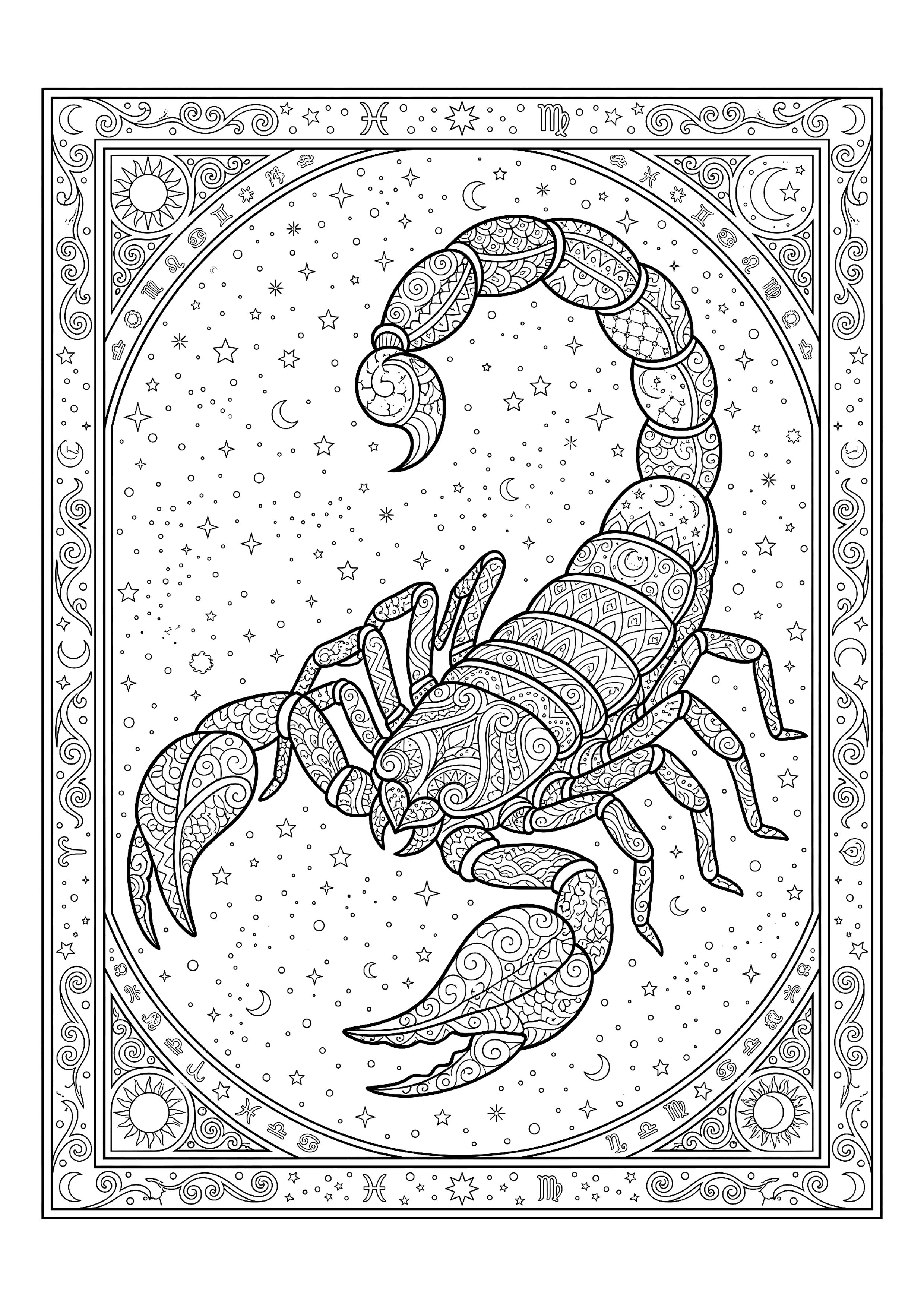 Scorpio Scorpion with a Segmented, Patterned Tail — free printable zodiac signs coloring page