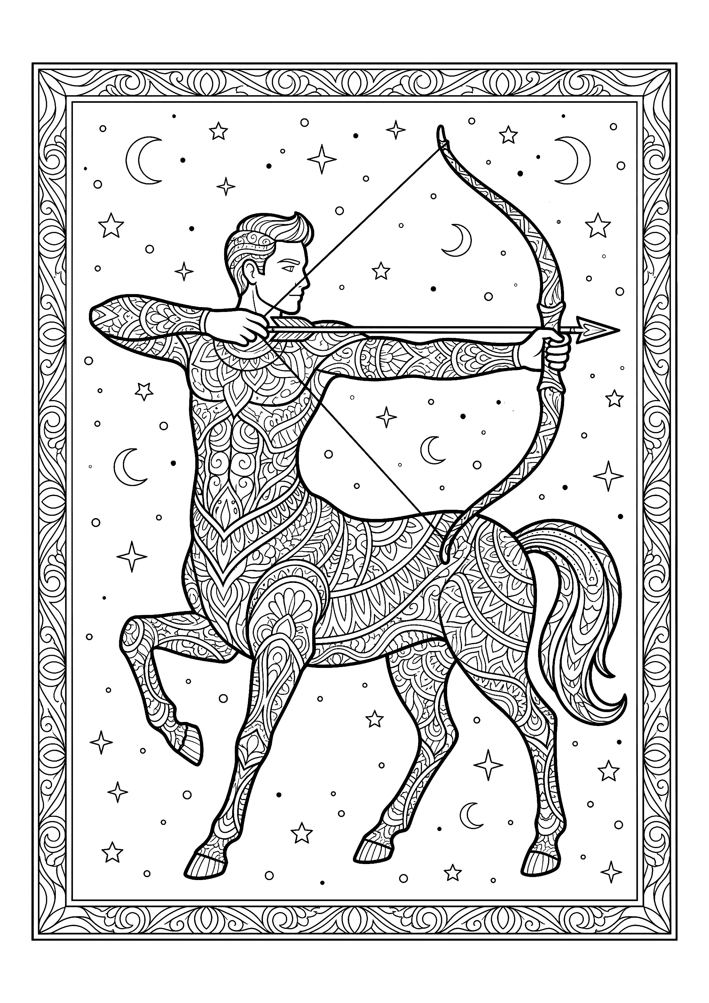 Sagittarius Archer Centaur Drawing a Bow — free printable zodiac signs coloring page